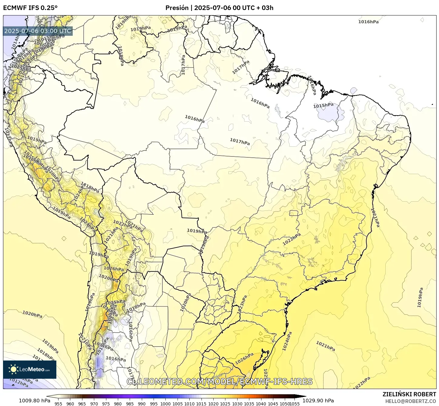 ECMWF IFS 0.25° model - Brasil, Presión ECMWF IFS 0.25° model - Brasil, Presión