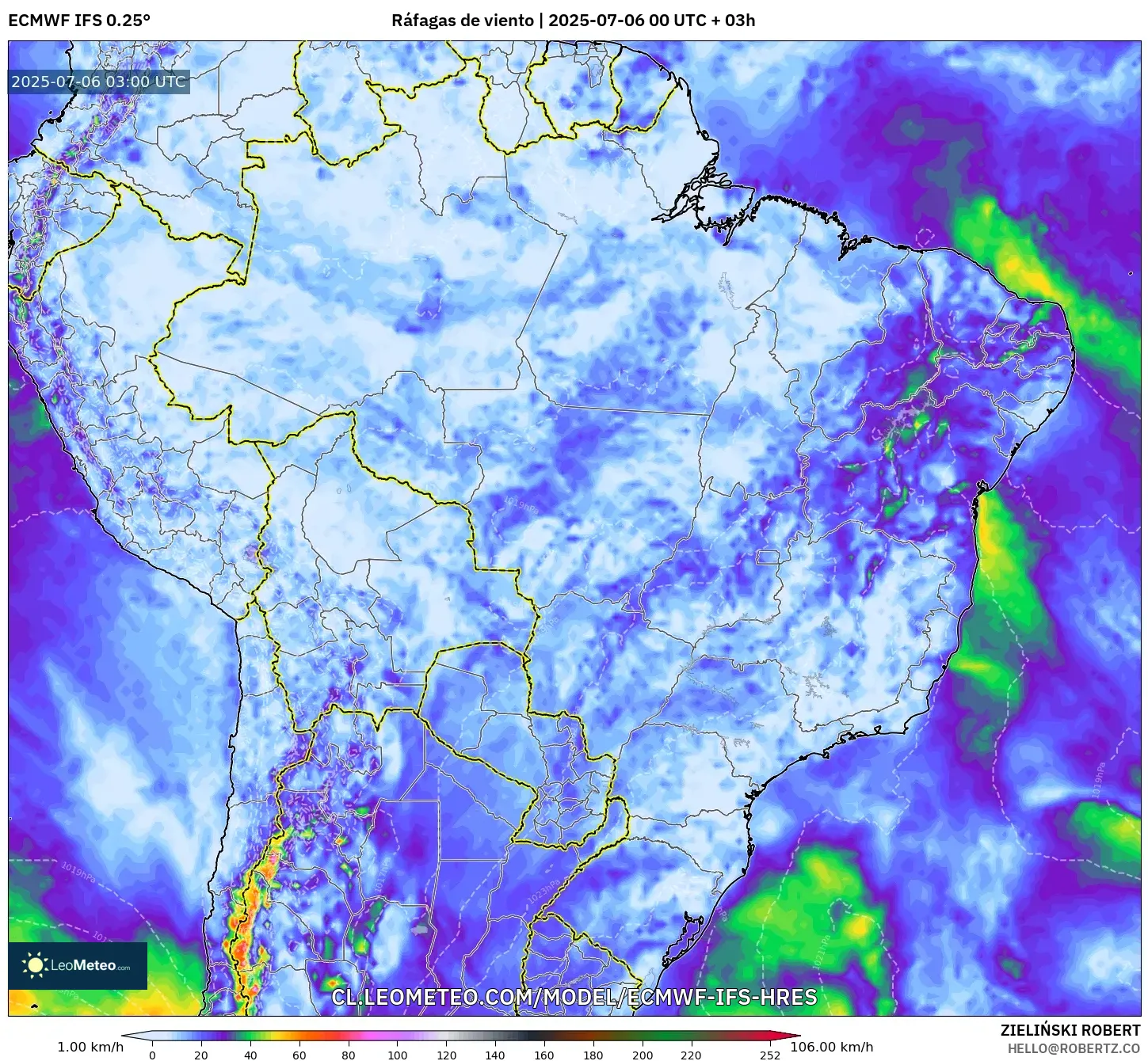ECMWF IFS 0.25° model - Brasil, Ráfagas de viento ECMWF IFS 0.25° model - Brasil, Ráfagas de viento