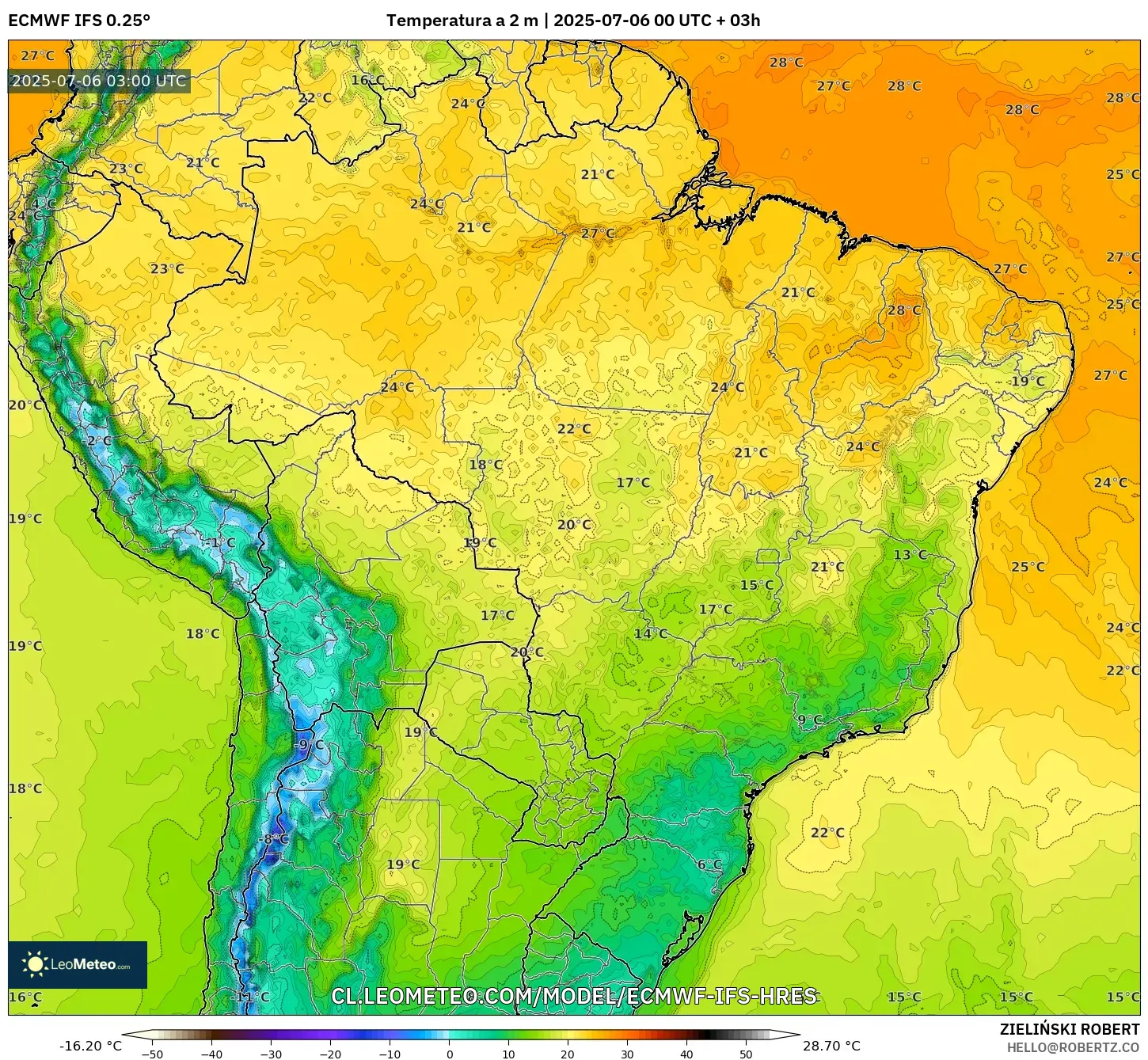 ECMWF IFS 0.25° model - Brasil, Temperatura a 2 m ECMWF IFS 0.25° model - Brasil, Temperatura a 2 m