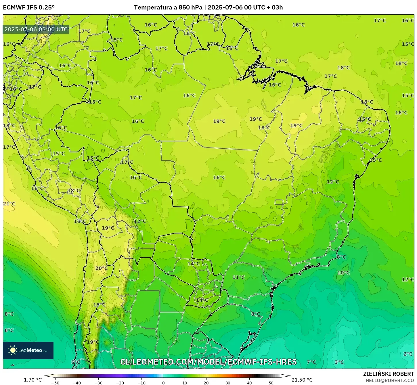 ECMWF IFS 0.25° model - Brasil, Temperatura a 850 hPa ECMWF IFS 0.25° model - Brasil, Temperatura a 850 hPa