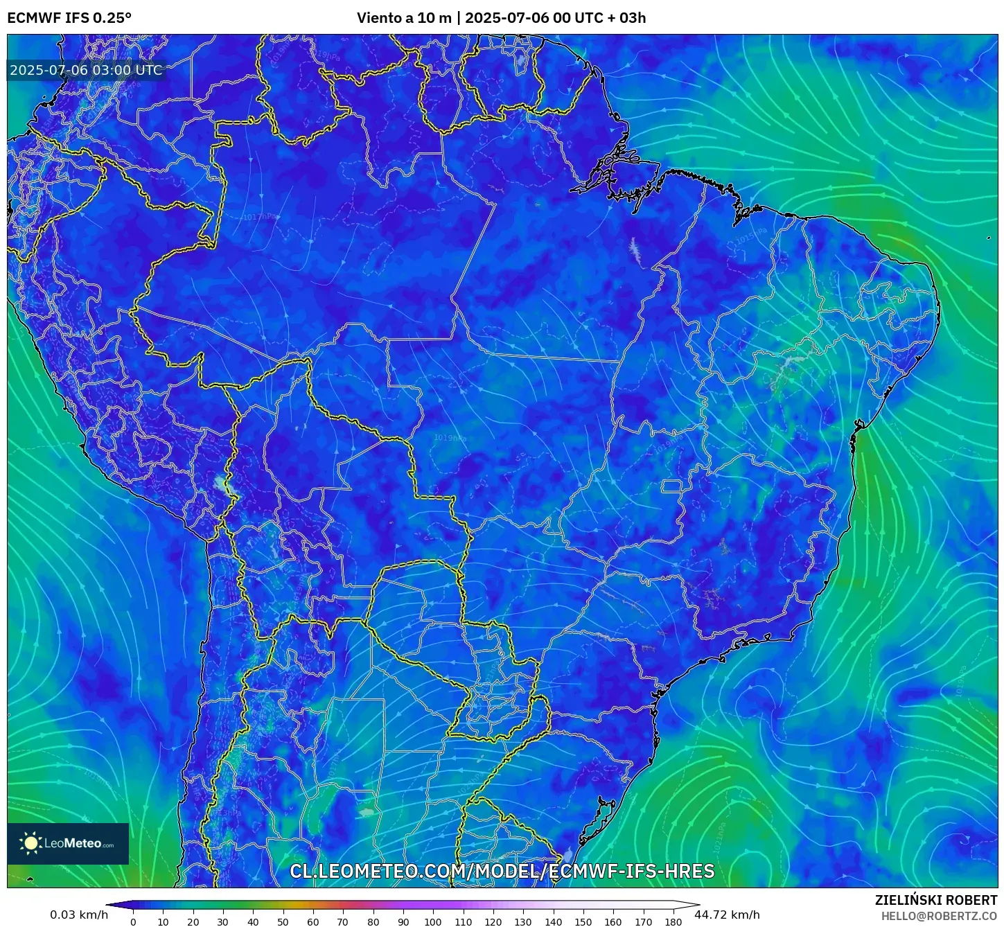 ECMWF IFS 0.25° model - Brasil, Viento a 10 m ECMWF IFS 0.25° model - Brasil, Viento a 10 m