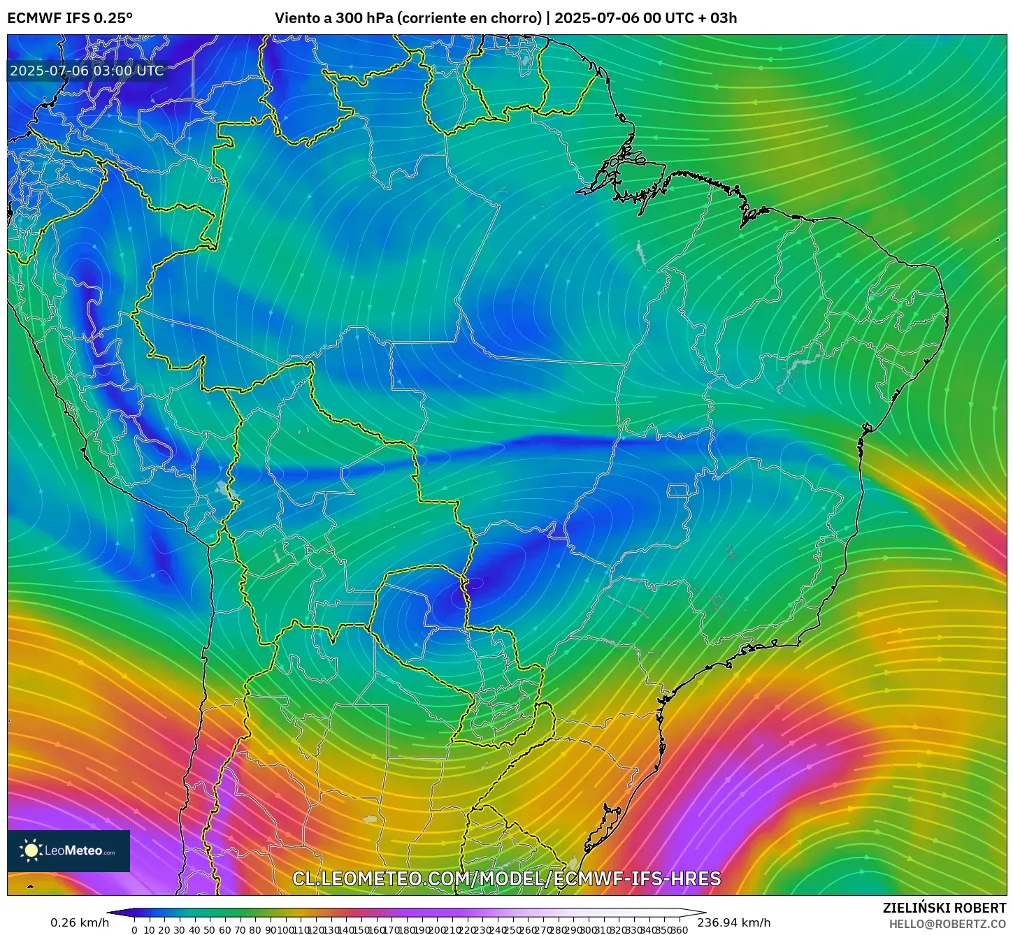 ECMWF IFS 0.25° model - Brasil, Viento a 300 hPa (corriente en chorro) ECMWF IFS 0.25° model - Brasil, Viento a 300 hPa (corriente en chorro)