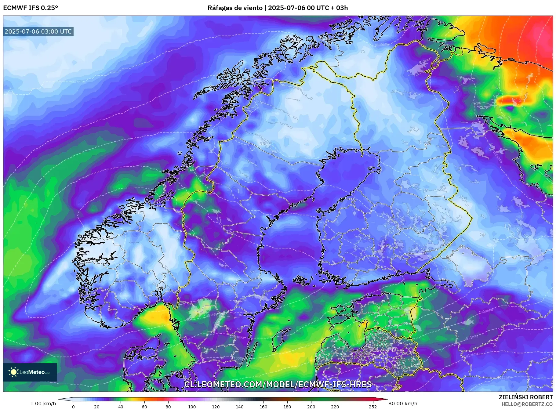 ECMWF IFS 0.25° model - Escandinavia, Ráfagas de viento ECMWF IFS 0.25° model - Escandinavia, Ráfagas de viento
