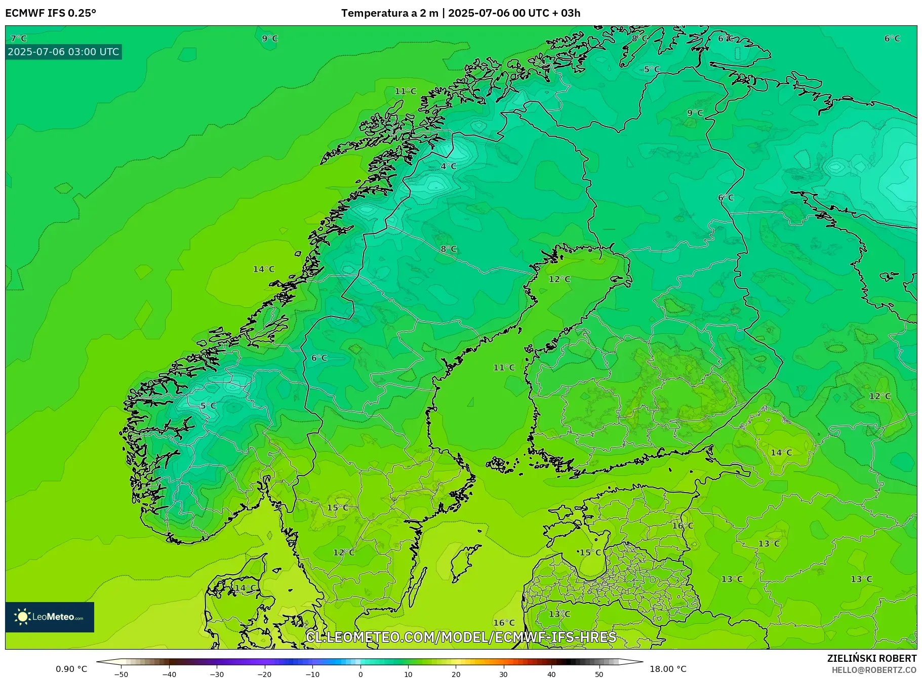 ECMWF IFS 0.25° model - Escandinavia, Temperatura a 2 m ECMWF IFS 0.25° model - Escandinavia, Temperatura a 2 m