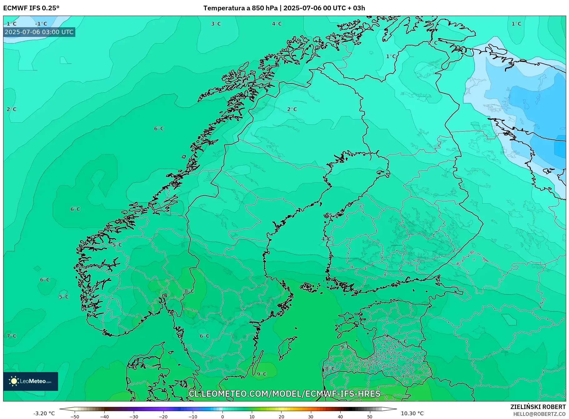 ECMWF IFS 0.25° model - Escandinavia, Temperatura a 850 hPa ECMWF IFS 0.25° model - Escandinavia, Temperatura a 850 hPa
