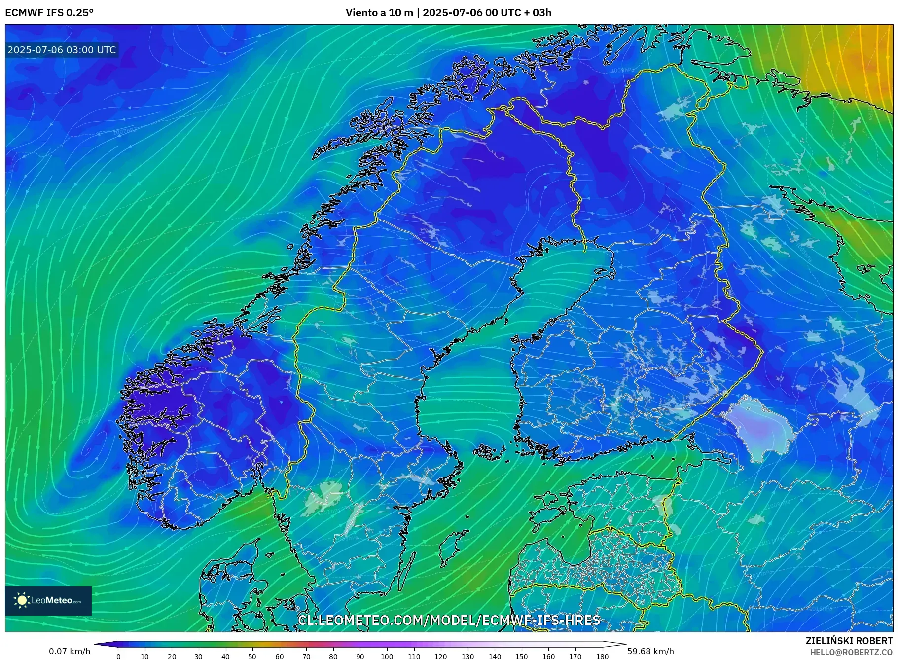 ECMWF IFS 0.25° model - Escandinavia, Viento a 10 m ECMWF IFS 0.25° model - Escandinavia, Viento a 10 m