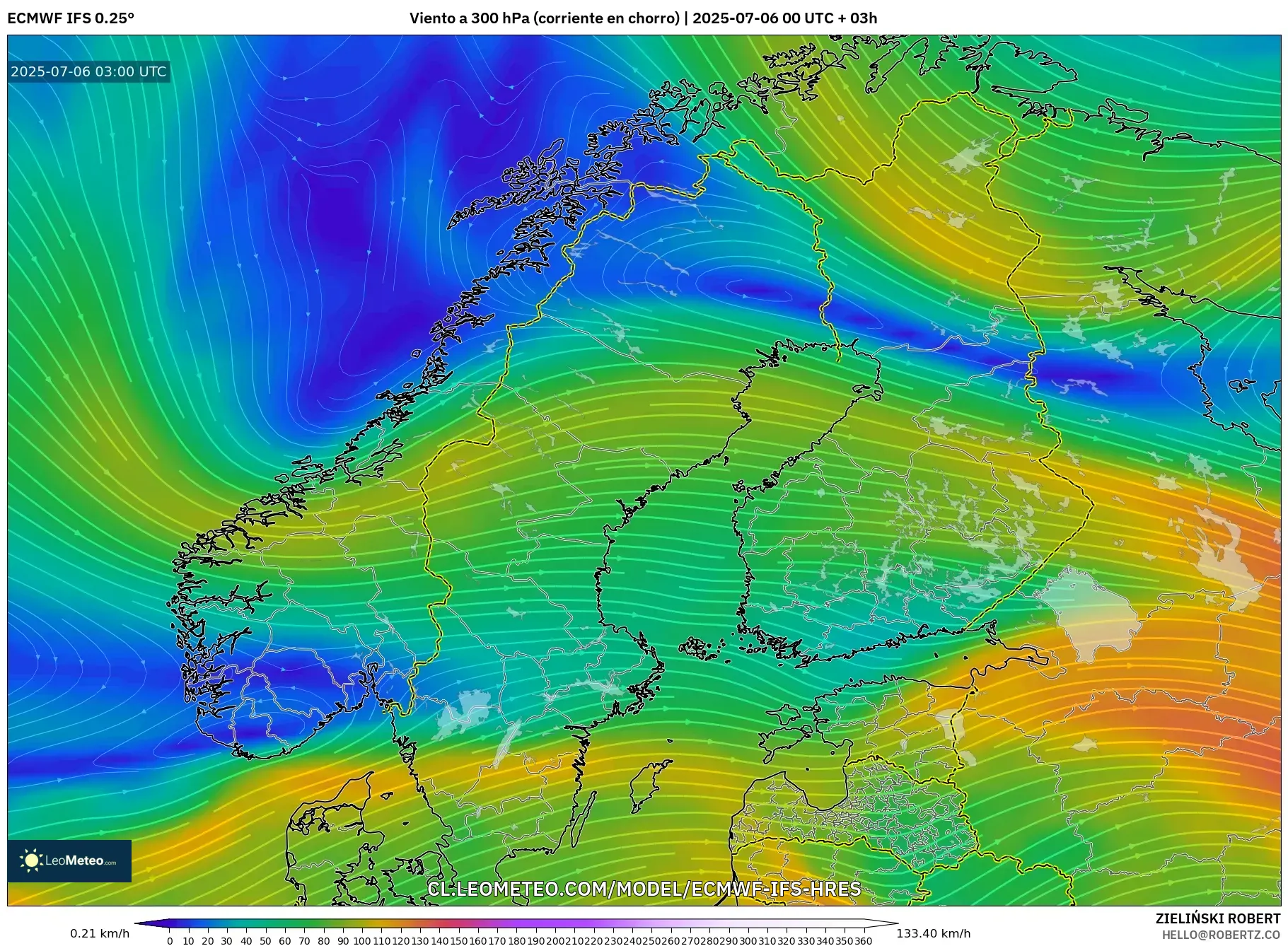 ECMWF IFS 0.25° model - Escandinavia, Viento a 300 hPa (corriente en chorro) ECMWF IFS 0.25° model - Escandinavia, Viento a 300 hPa (corriente en chorro)