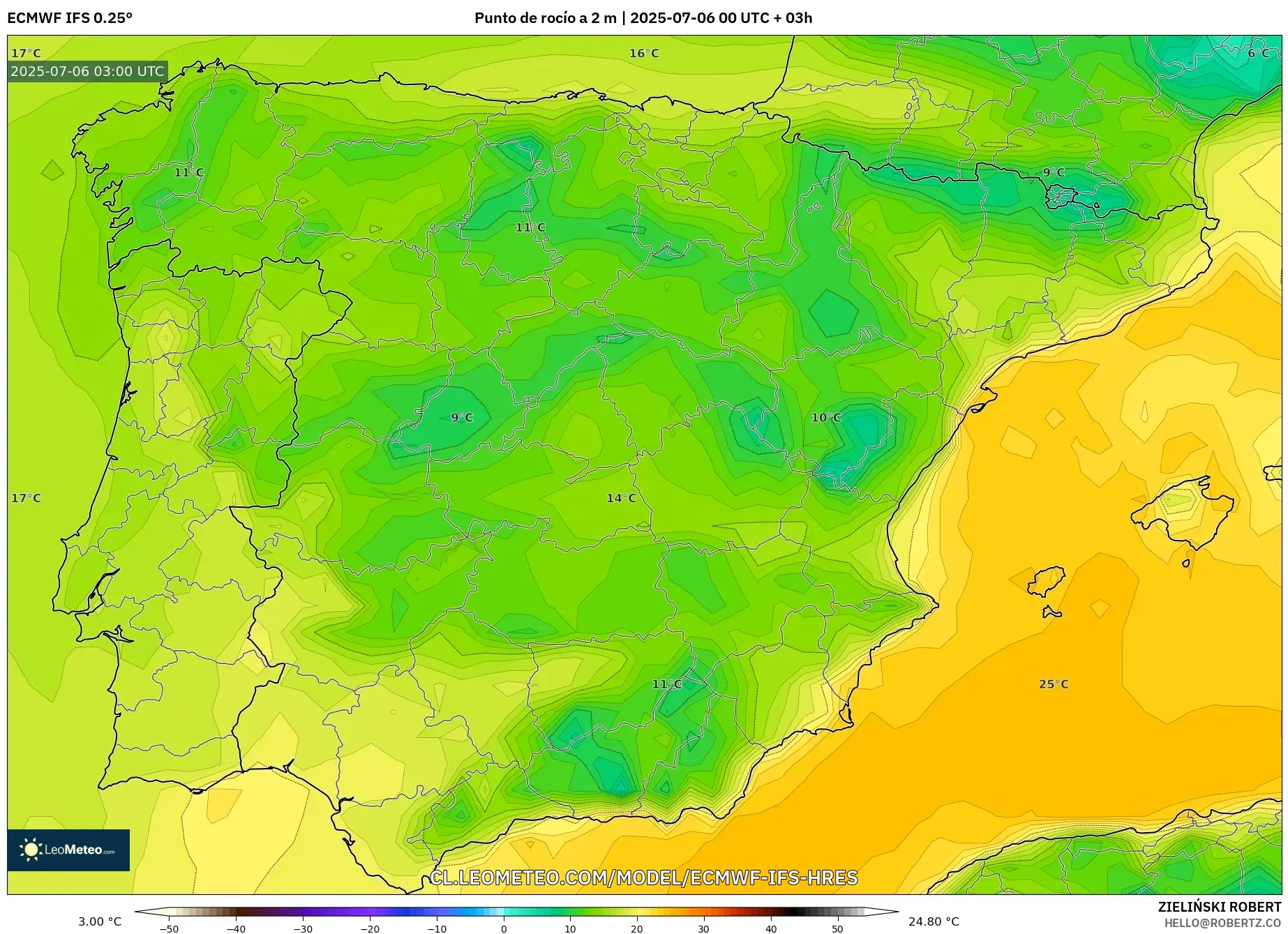 ECMWF IFS 0.25° model - España, Punto de rocío a 2 m ECMWF IFS 0.25° model - España, Punto de rocío a 2 m