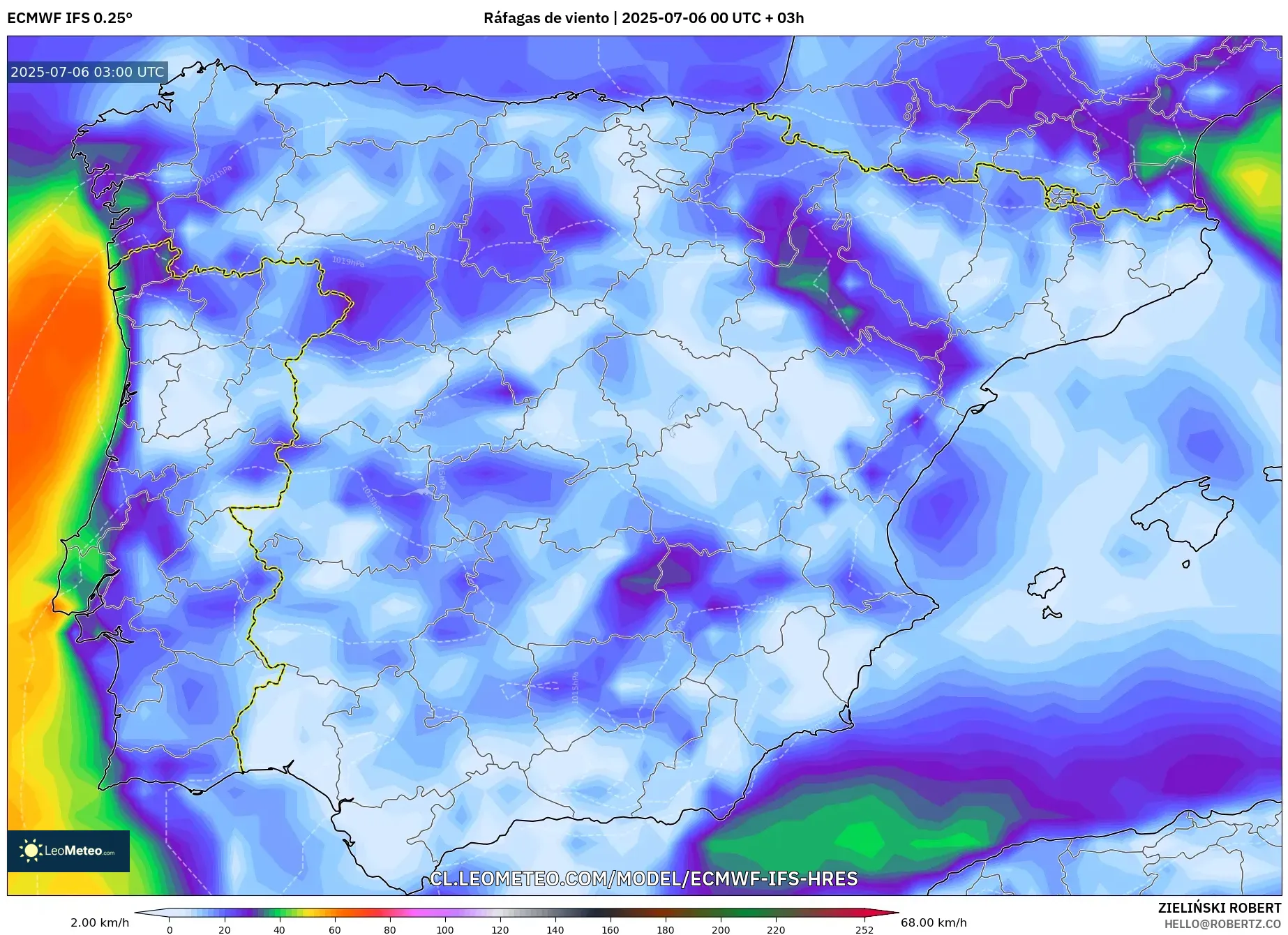 ECMWF IFS 0.25° model - España, Ráfagas de viento ECMWF IFS 0.25° model - España, Ráfagas de viento