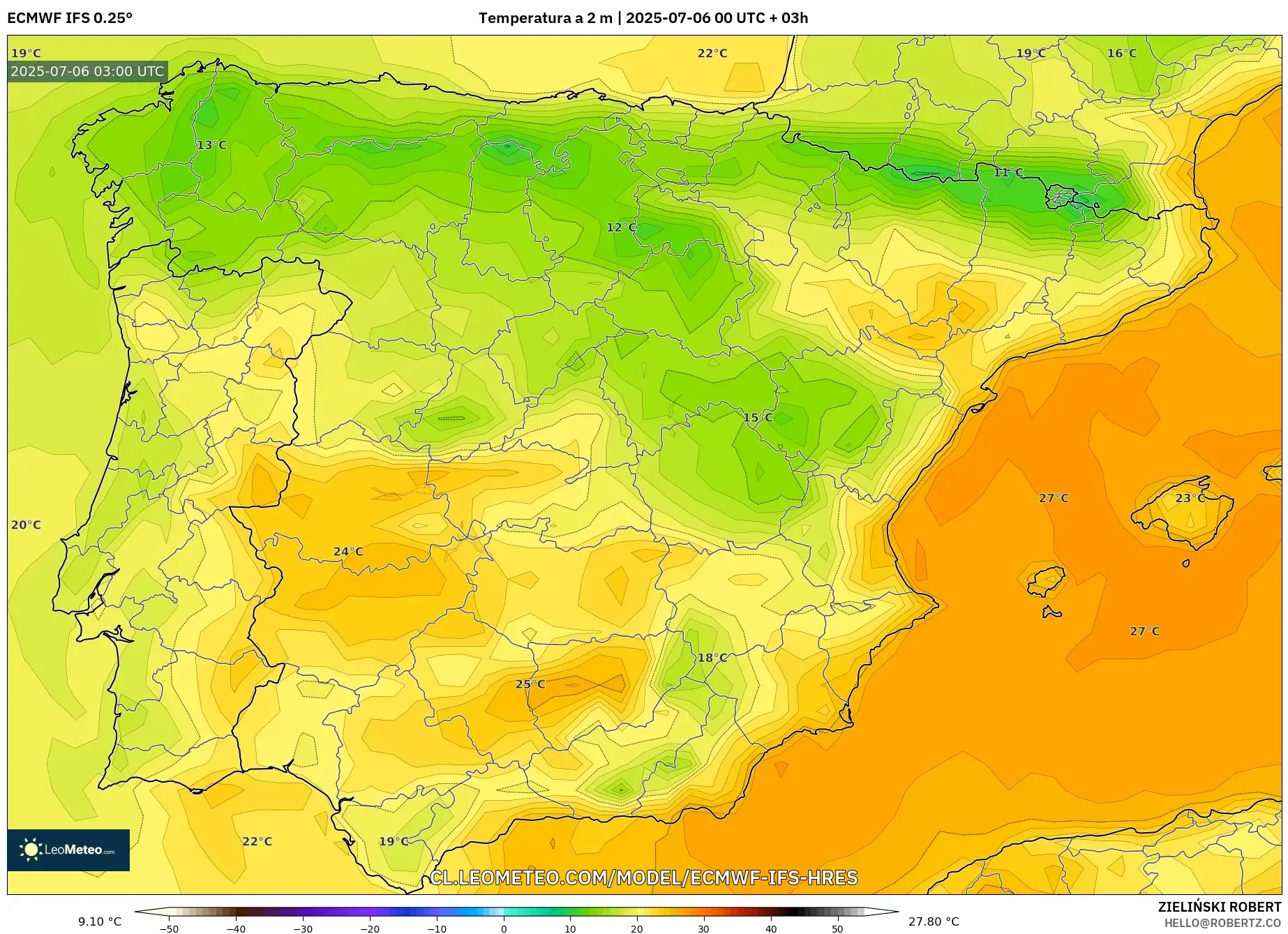 ECMWF IFS 0.25° model - España, Temperatura a 2 m ECMWF IFS 0.25° model - España, Temperatura a 2 m