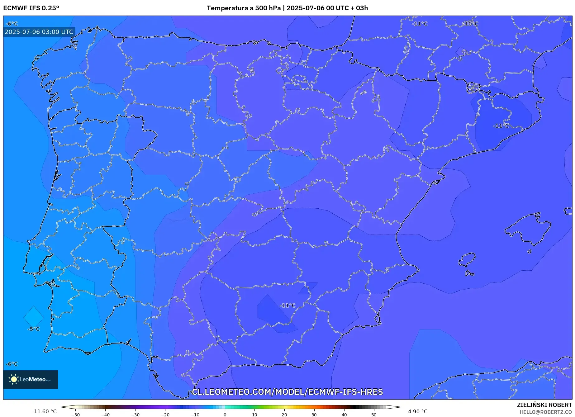 ECMWF IFS 0.25° model - España, Temperatura a 500 hPa ECMWF IFS 0.25° model - España, Temperatura a 500 hPa