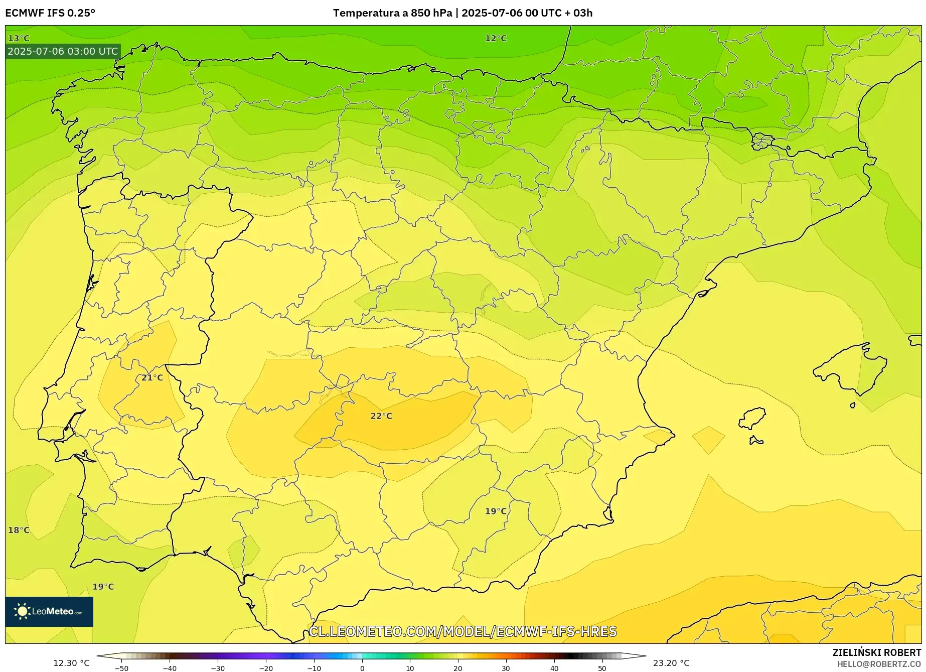 ECMWF IFS 0.25° model - España, Temperatura a 850 hPa ECMWF IFS 0.25° model - España, Temperatura a 850 hPa