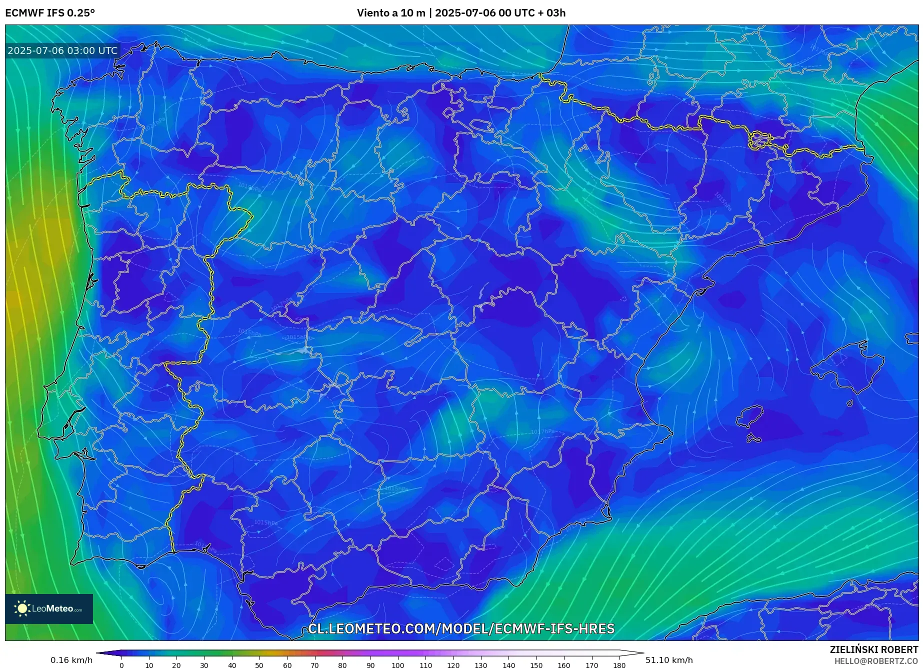 ECMWF IFS 0.25° model - España, Viento a 10 m ECMWF IFS 0.25° model - España, Viento a 10 m