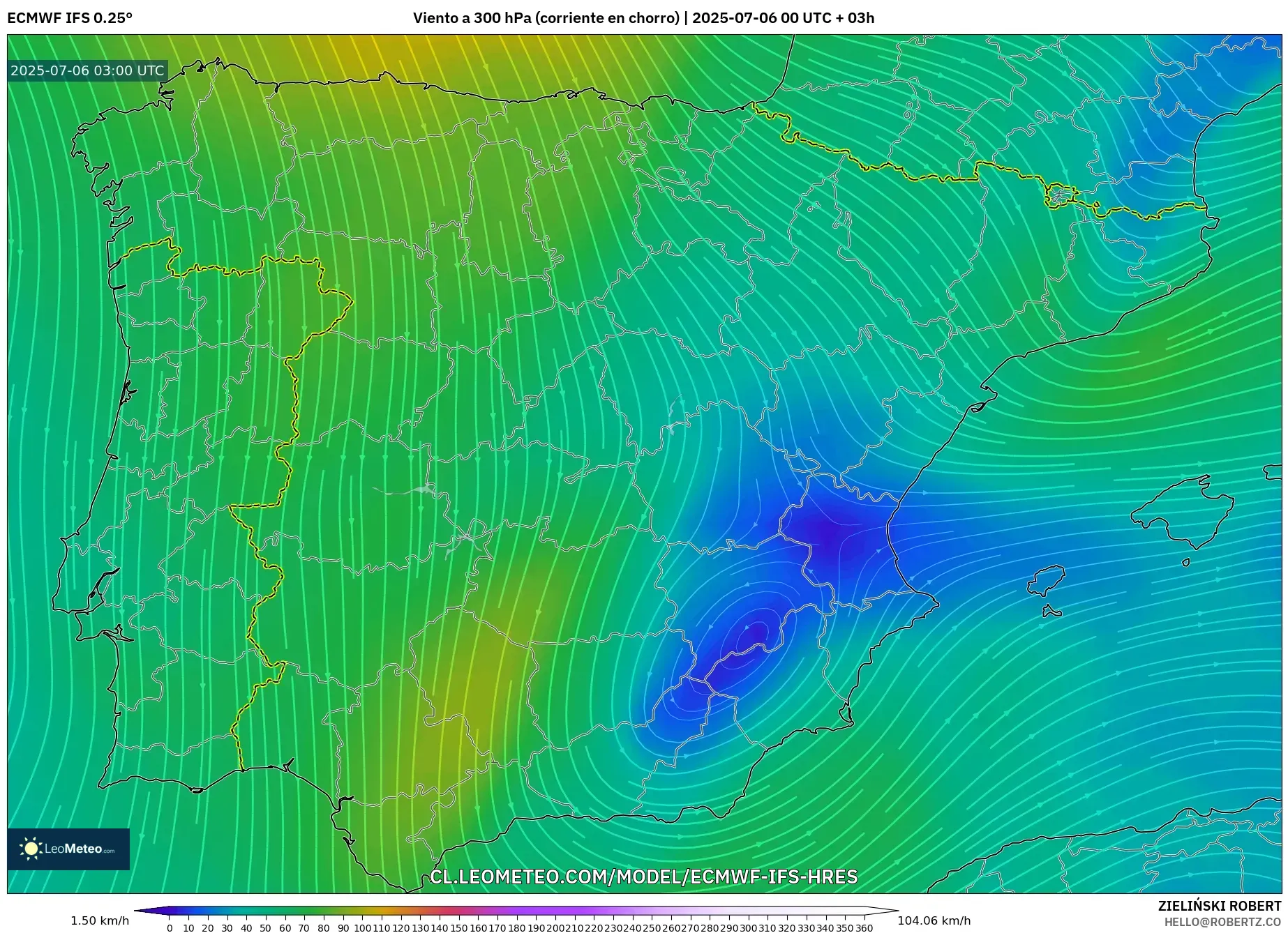 ECMWF IFS 0.25° model - España, Viento a 300 hPa (corriente en chorro) ECMWF IFS 0.25° model - España, Viento a 300 hPa (corriente en chorro)