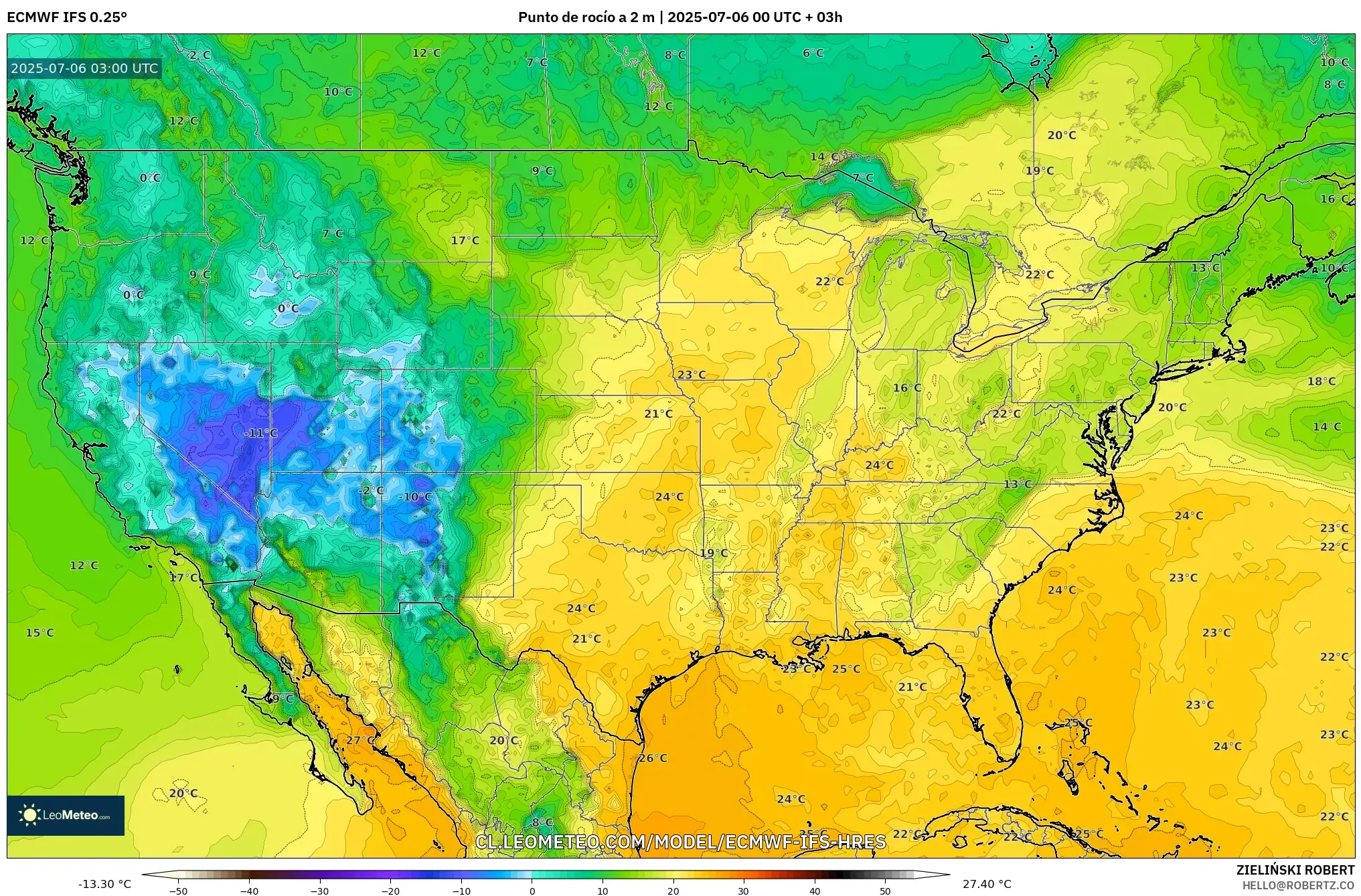 ECMWF IFS 0.25° model - Estados Unidos, Punto de rocío a 2 m ECMWF IFS 0.25° model - Estados Unidos, Punto de rocío a 2 m
