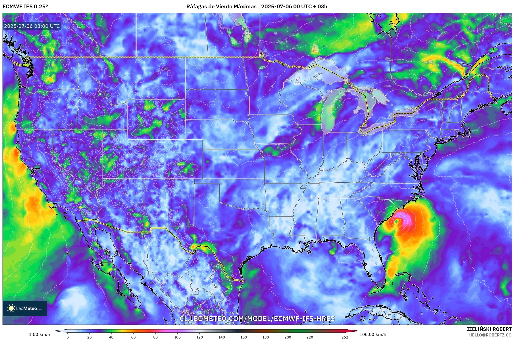 ECMWF IFS 0.25° model - Estados Unidos, Ráfagas de Viento Máximas ECMWF IFS 0.25° model - Estados Unidos, Ráfagas de Viento Máximas