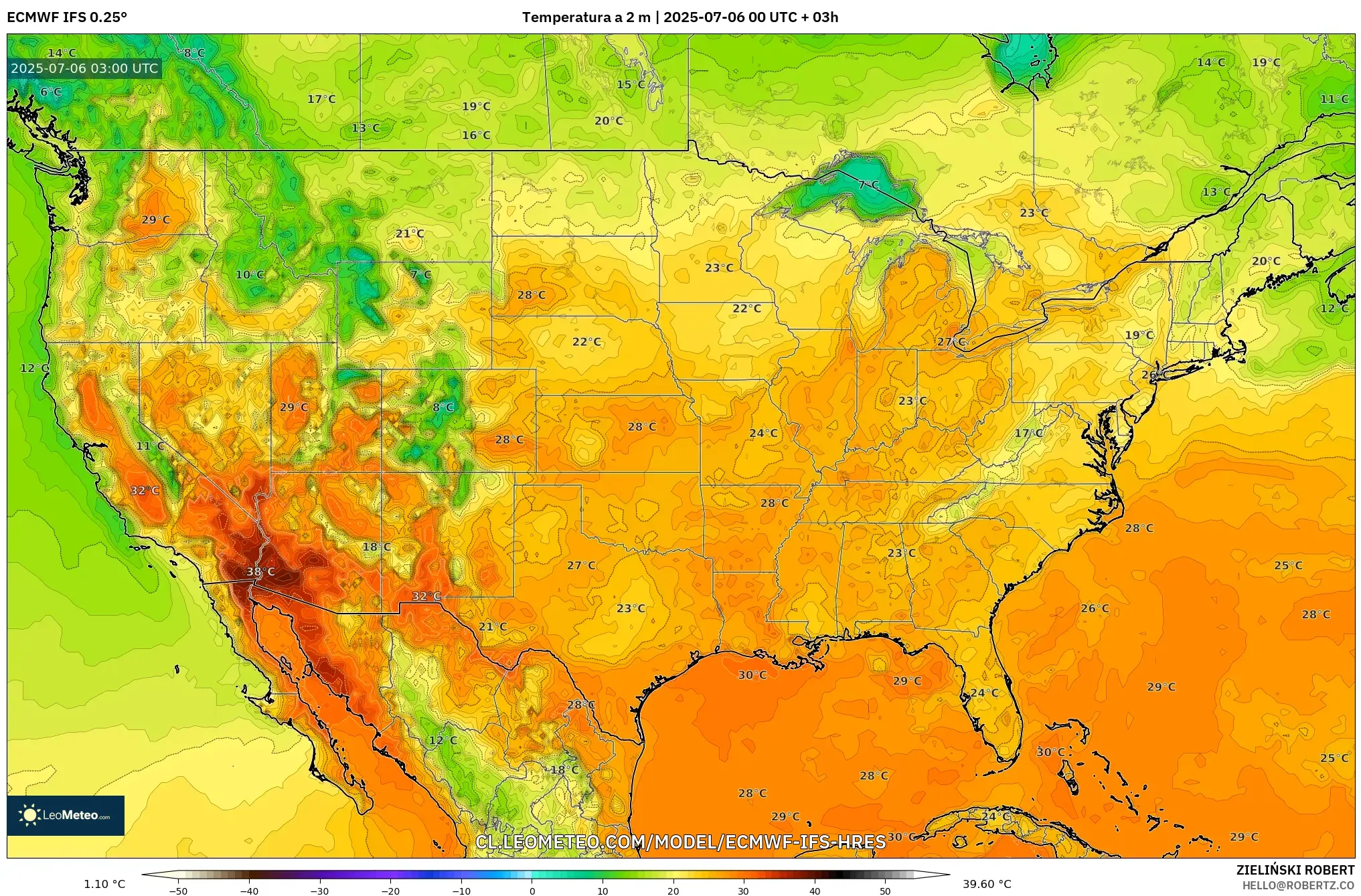 ECMWF IFS 0.25° model - Estados Unidos, Temperatura a 2 m ECMWF IFS 0.25° model - Estados Unidos, Temperatura a 2 m