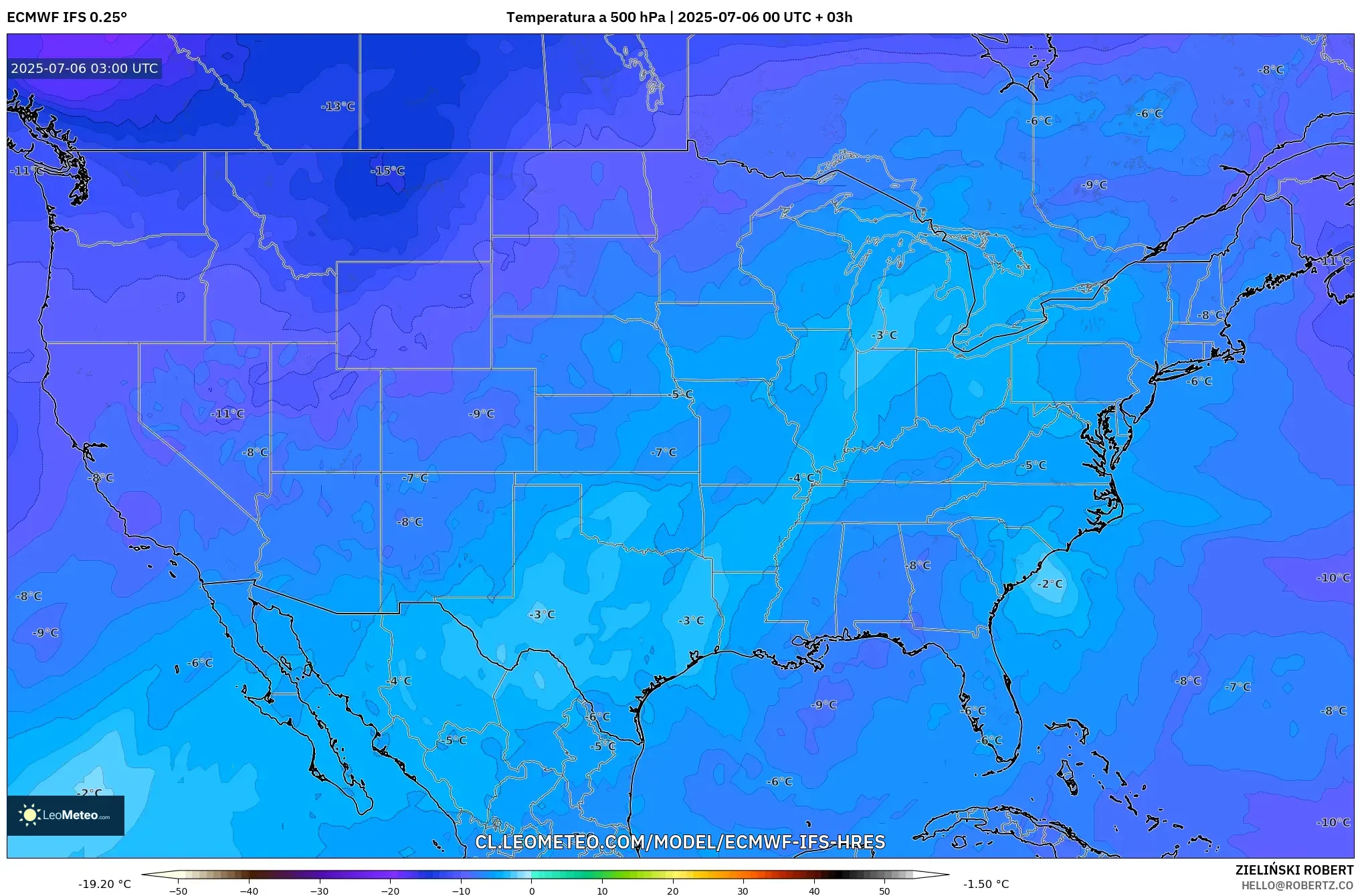 ECMWF IFS 0.25° model - Estados Unidos, Temperatura a 500 hPa ECMWF IFS 0.25° model - Estados Unidos, Temperatura a 500 hPa