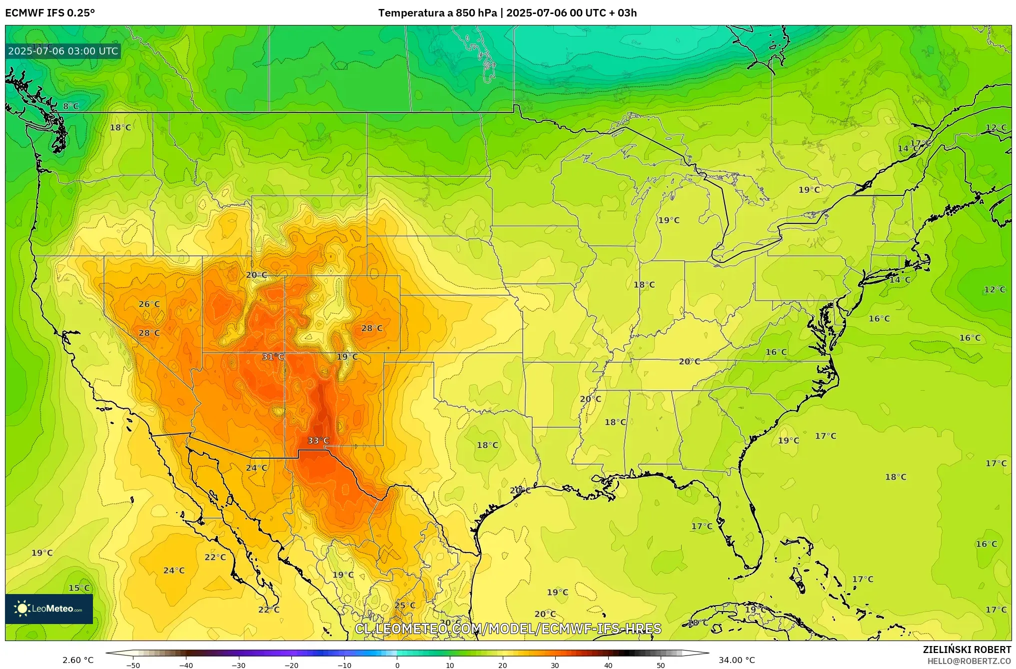 ECMWF IFS 0.25° model - Estados Unidos, Temperatura a 850 hPa ECMWF IFS 0.25° model - Estados Unidos, Temperatura a 850 hPa
