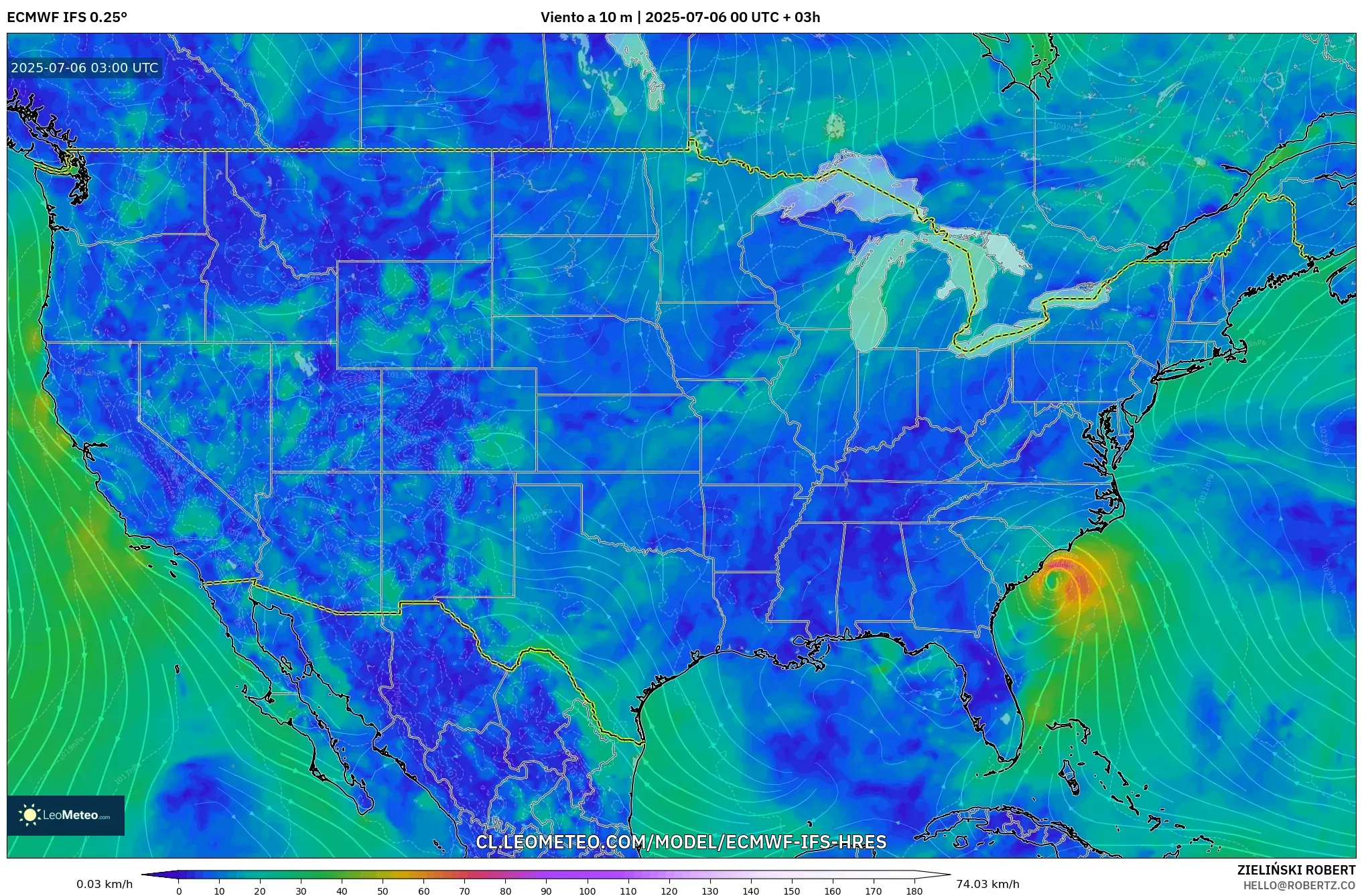 ECMWF IFS 0.25° model - Estados Unidos, Viento a 10 m ECMWF IFS 0.25° model - Estados Unidos, Viento a 10 m