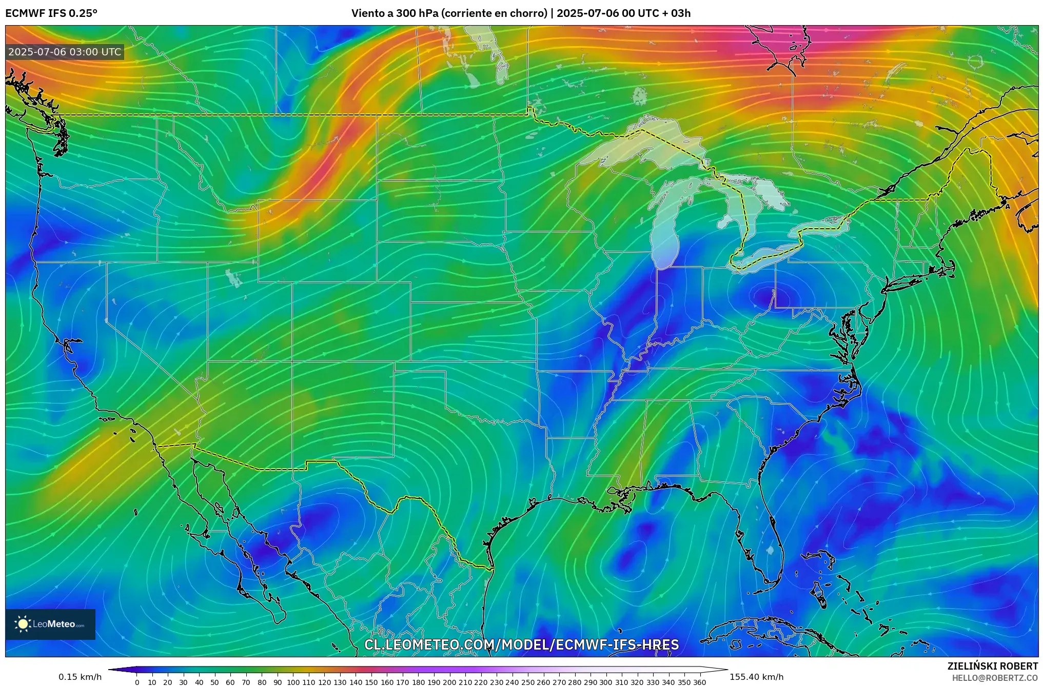 ECMWF IFS 0.25° model - Estados Unidos, Viento a 300 hPa (corriente en chorro) ECMWF IFS 0.25° model - Estados Unidos, Viento a 300 hPa (corriente en chorro)