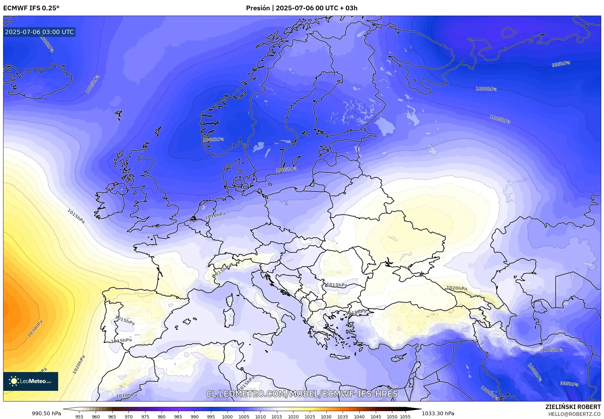 ECMWF IFS 0.25° model - Europa, Presión
