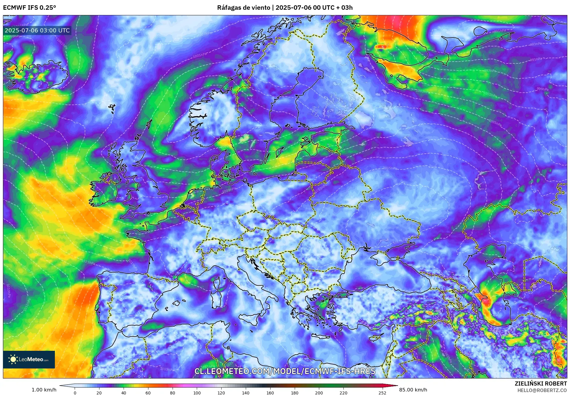 ECMWF IFS 0.25° model - Europa, Ráfagas de viento ECMWF IFS 0.25° model - Europa, Ráfagas de viento