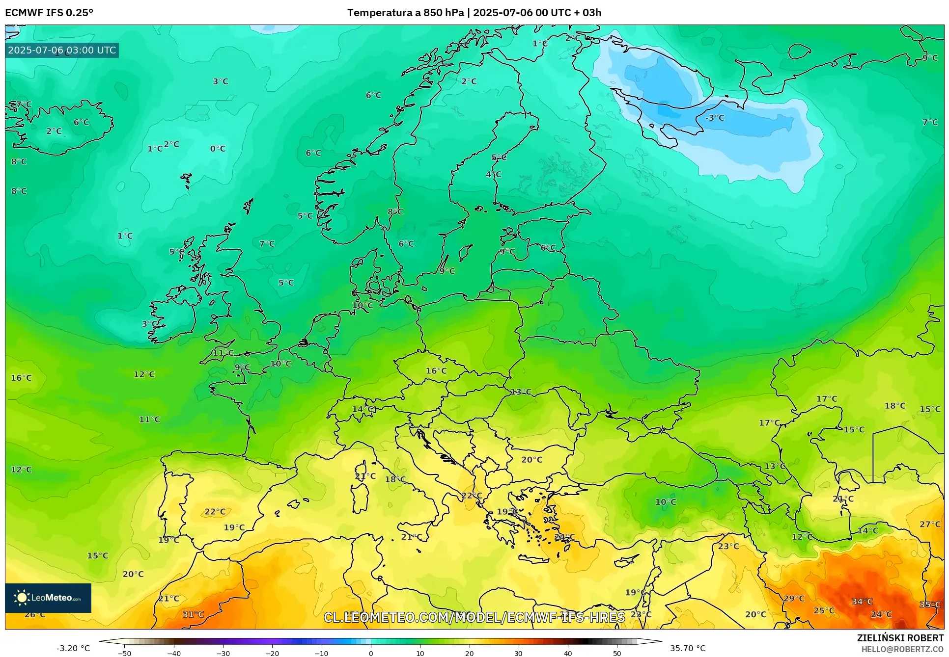 ECMWF IFS 0.25° model - Europa, Temperatura a 850 hPa ECMWF IFS 0.25° model - Europa, Temperatura a 850 hPa