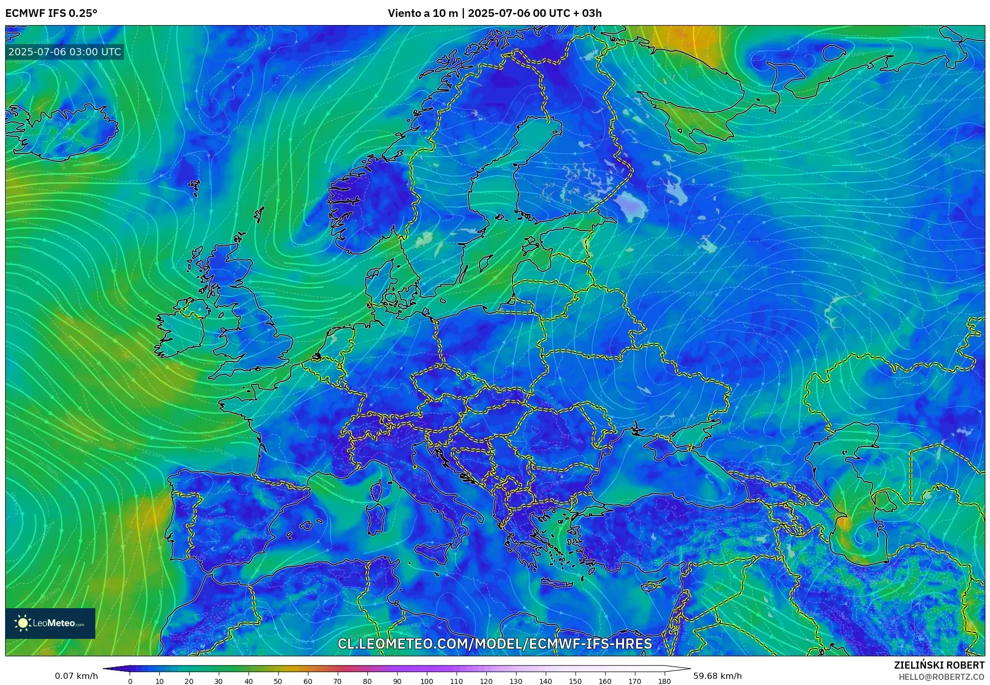 ECMWF IFS 0.25° model - Europa, Viento a 10 m ECMWF IFS 0.25° model - Europa, Viento a 10 m