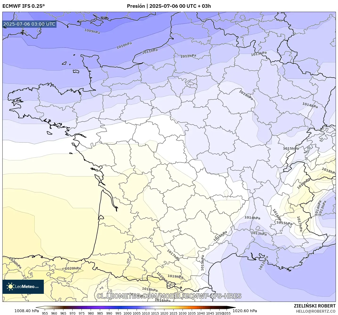 ECMWF IFS 0.25° model - Francia, Presión ECMWF IFS 0.25° model - Francia, Presión