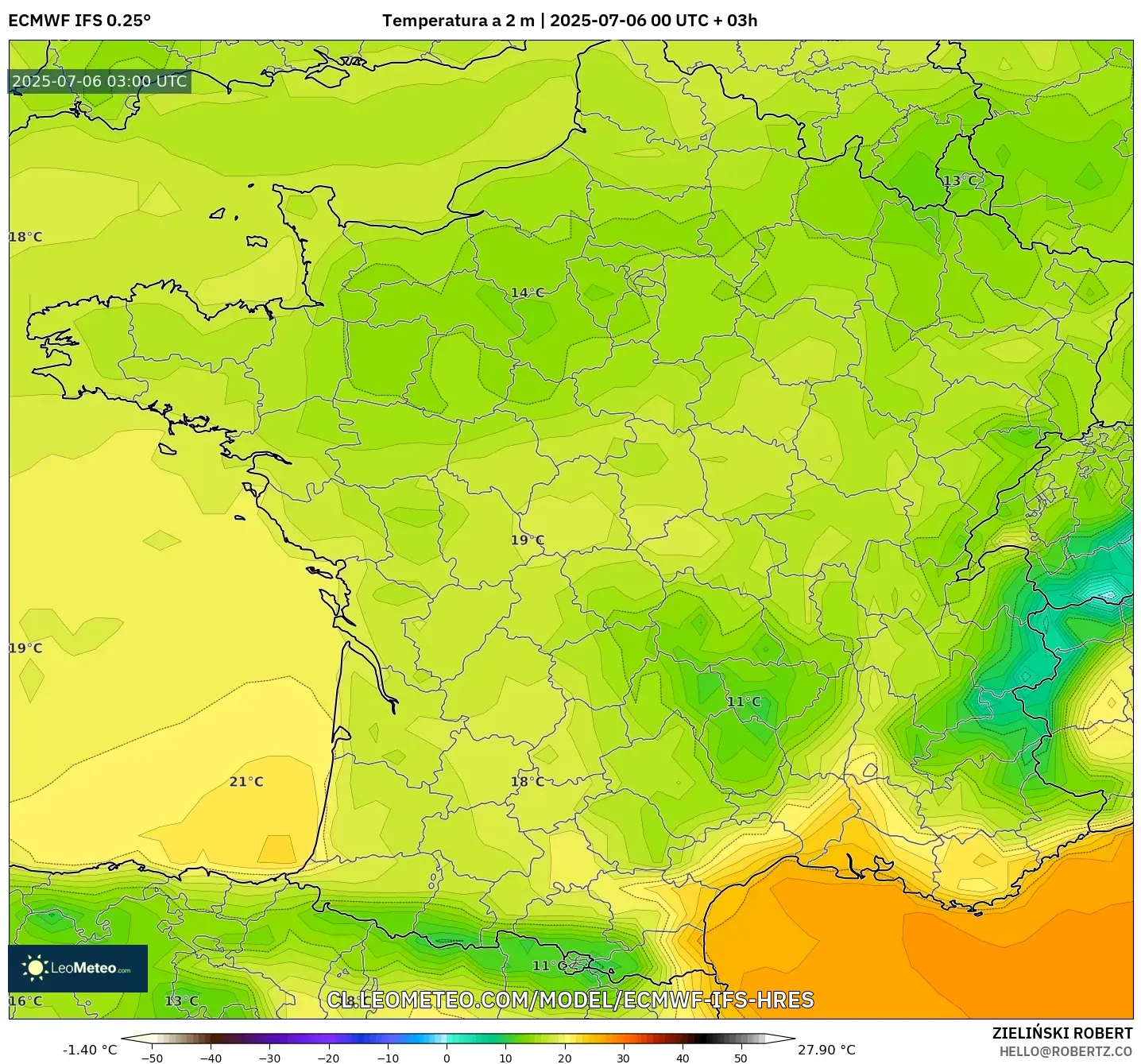 ECMWF IFS 0.25° model - Francia, Temperatura a 2 m ECMWF IFS 0.25° model - Francia, Temperatura a 2 m