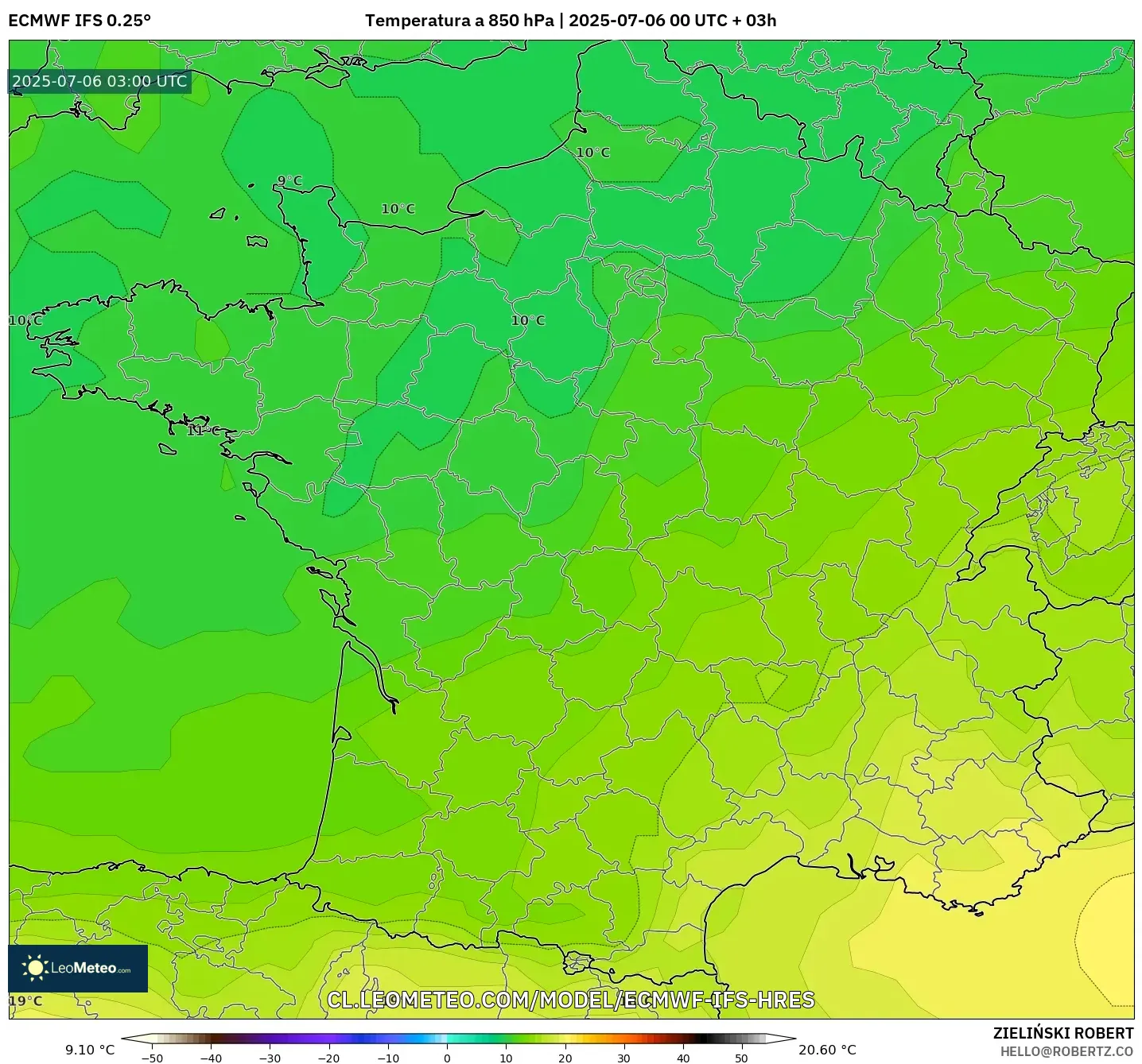 ECMWF IFS 0.25° model - Francia, Temperatura a 850 hPa ECMWF IFS 0.25° model - Francia, Temperatura a 850 hPa
