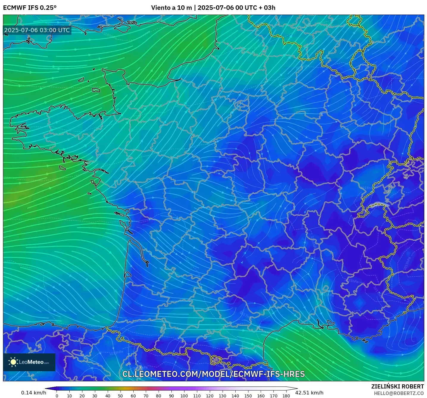 ECMWF IFS 0.25° model - Francia, Viento a 10 m ECMWF IFS 0.25° model - Francia, Viento a 10 m