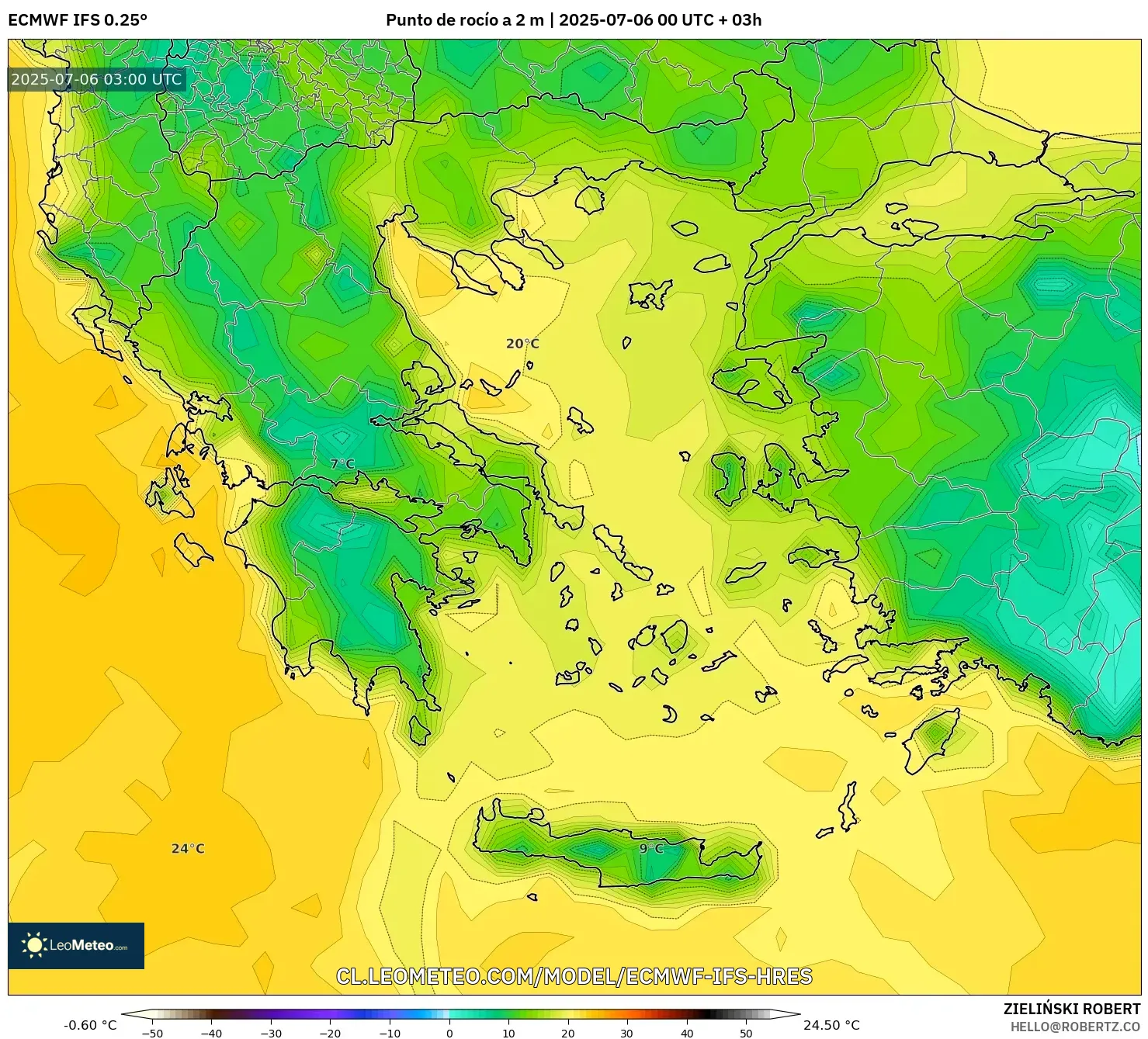 ECMWF IFS 0.25° model - Grecia, Punto de rocío a 2 m ECMWF IFS 0.25° model - Grecia, Punto de rocío a 2 m