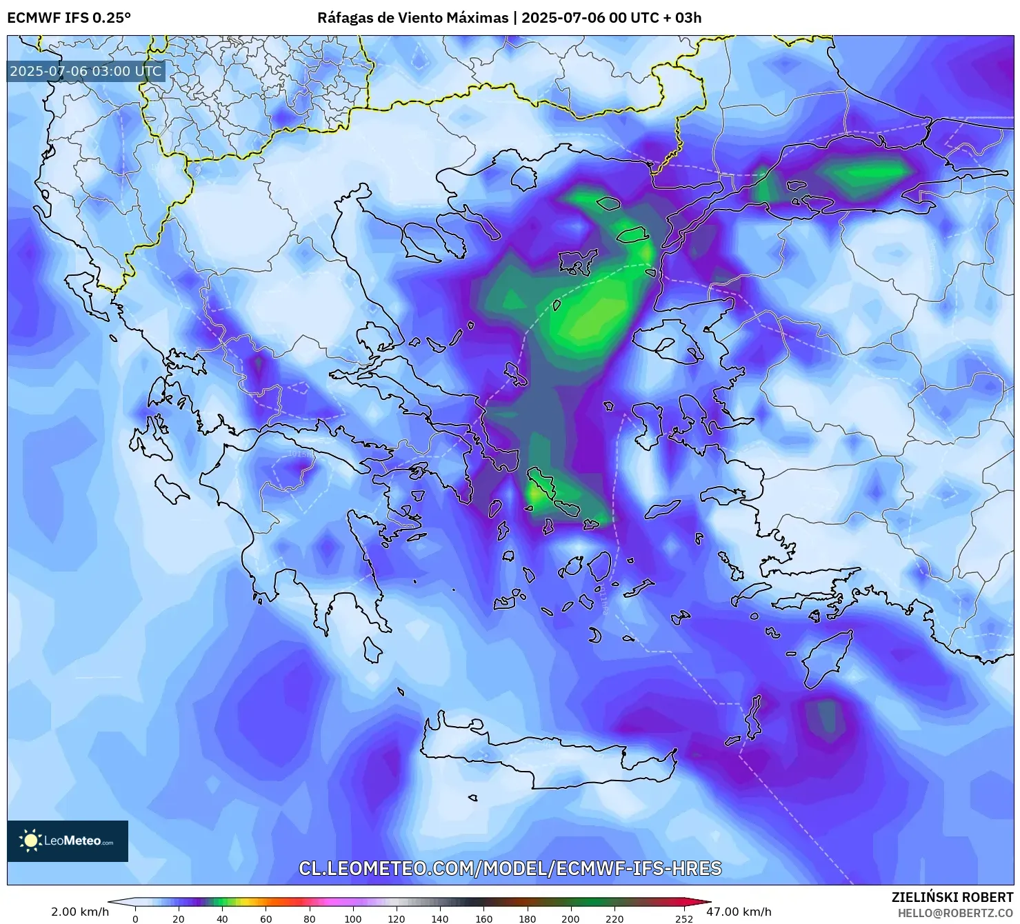 ECMWF IFS 0.25° model - Grecia, Ráfagas de Viento Máximas ECMWF IFS 0.25° model - Grecia, Ráfagas de Viento Máximas