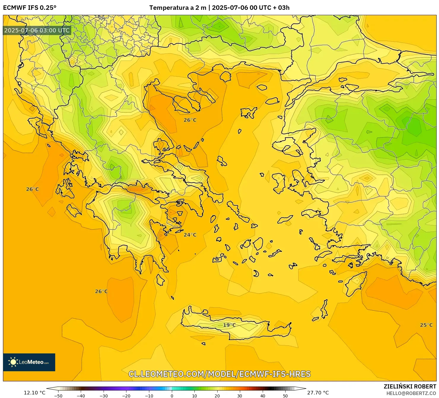 ECMWF IFS 0.25° model - Grecia, Temperatura a 2 m ECMWF IFS 0.25° model - Grecia, Temperatura a 2 m
