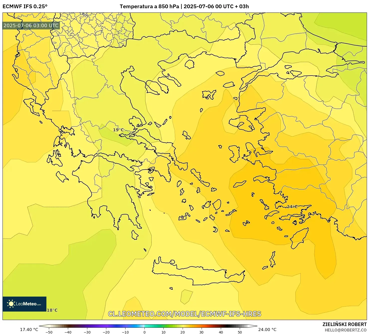 ECMWF IFS 0.25° model - Grecia, Temperatura a 850 hPa ECMWF IFS 0.25° model - Grecia, Temperatura a 850 hPa