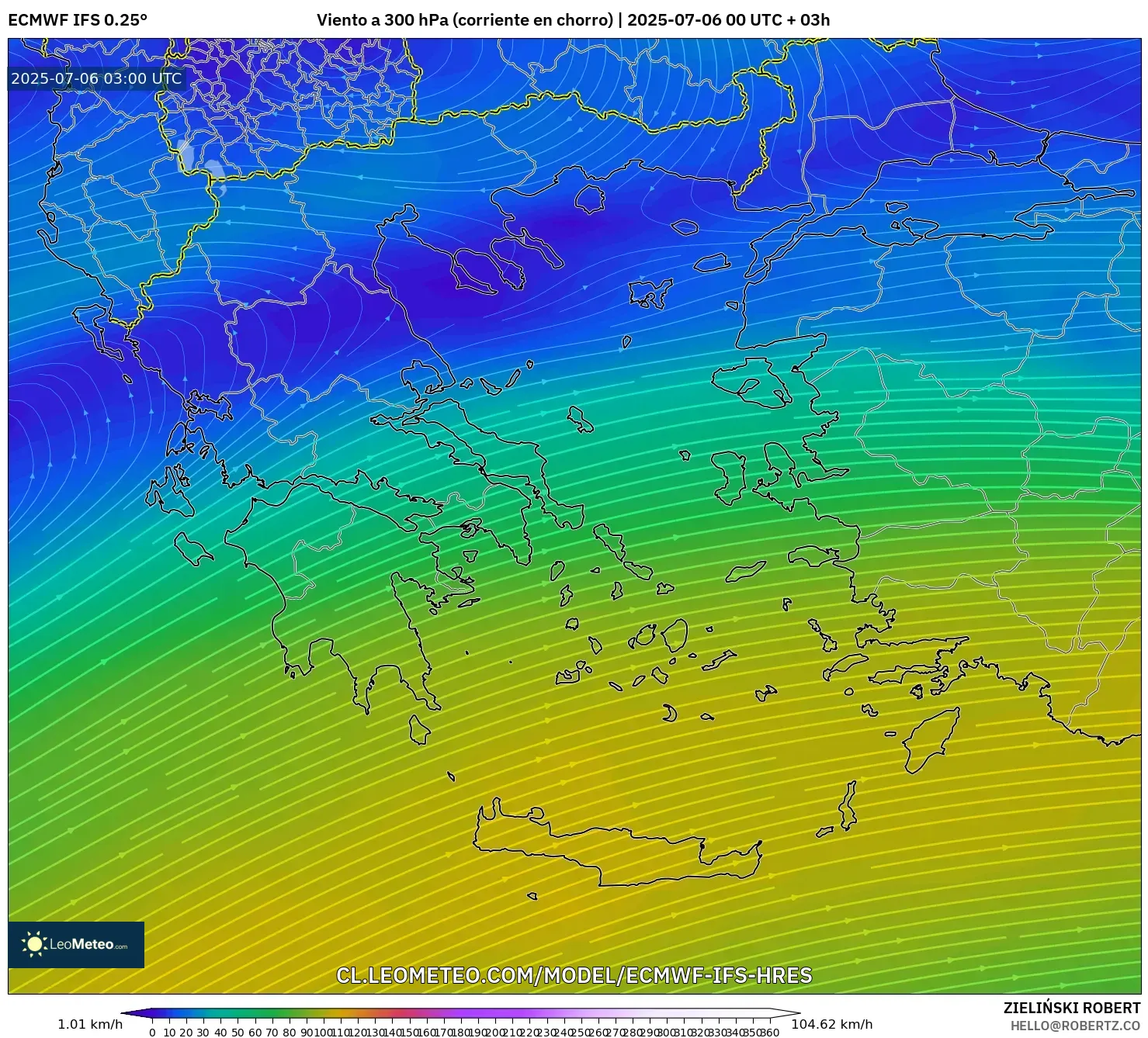 ECMWF IFS 0.25° model - Grecia, Viento a 300 hPa (corriente en chorro) ECMWF IFS 0.25° model - Grecia, Viento a 300 hPa (corriente en chorro)