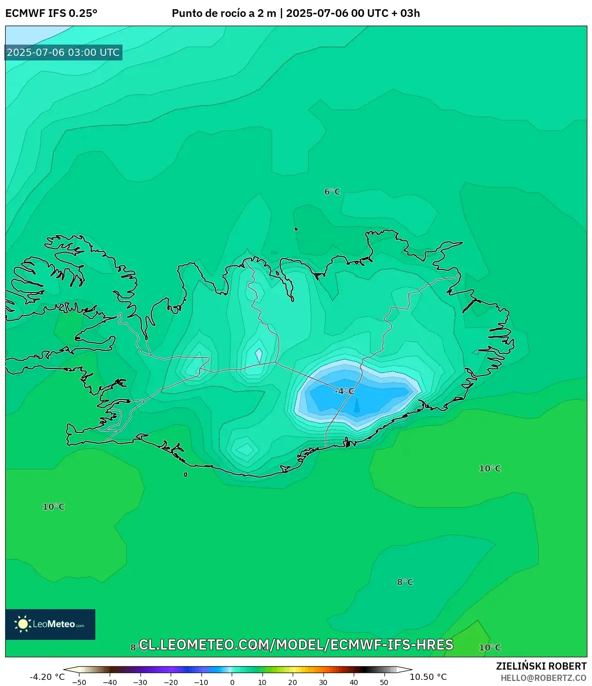 ECMWF IFS 0.25° model - Islandia, Punto de rocío a 2 m ECMWF IFS 0.25° model - Islandia, Punto de rocío a 2 m