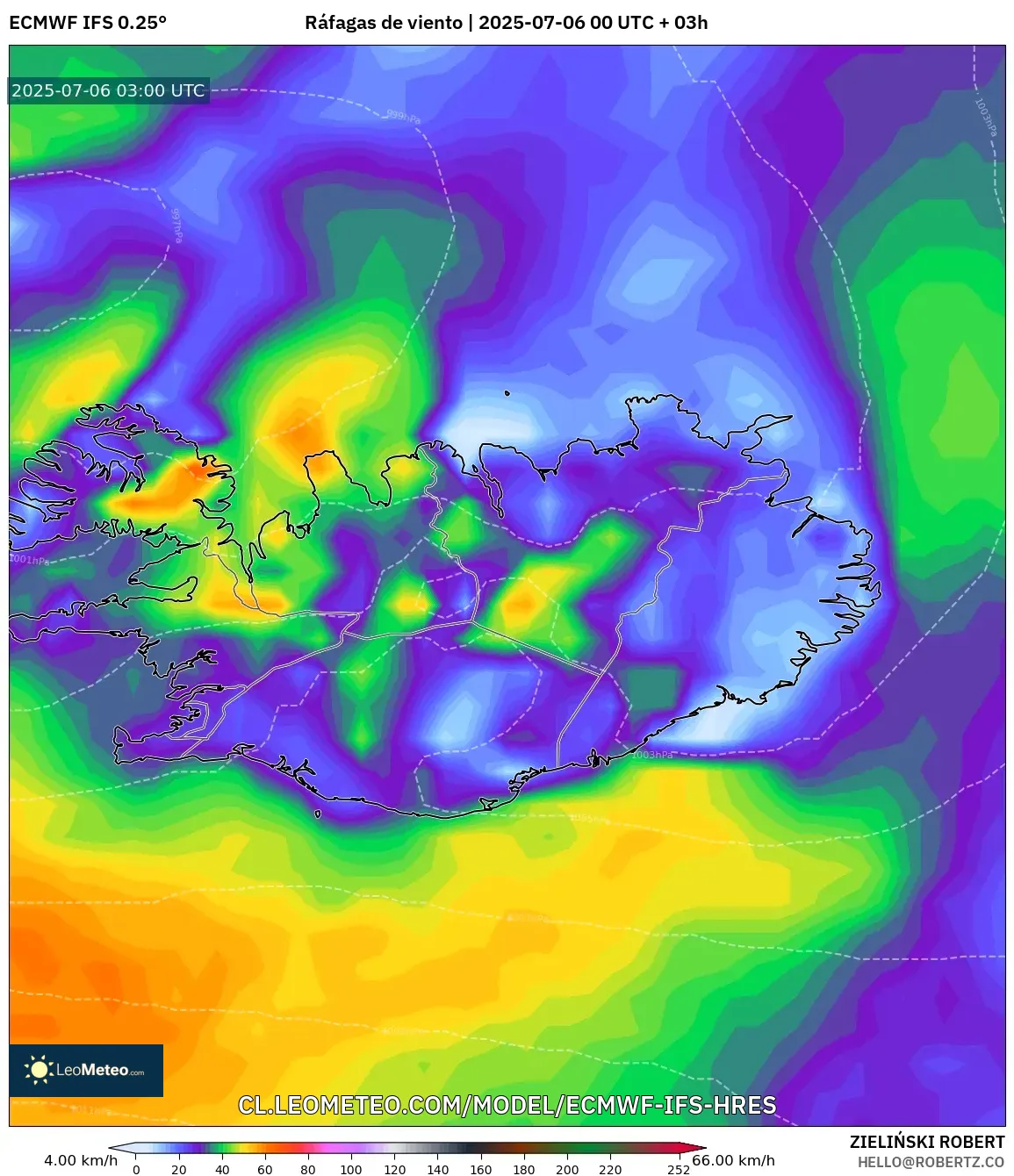 ECMWF IFS 0.25° model - Islandia, Ráfagas de viento ECMWF IFS 0.25° model - Islandia, Ráfagas de viento