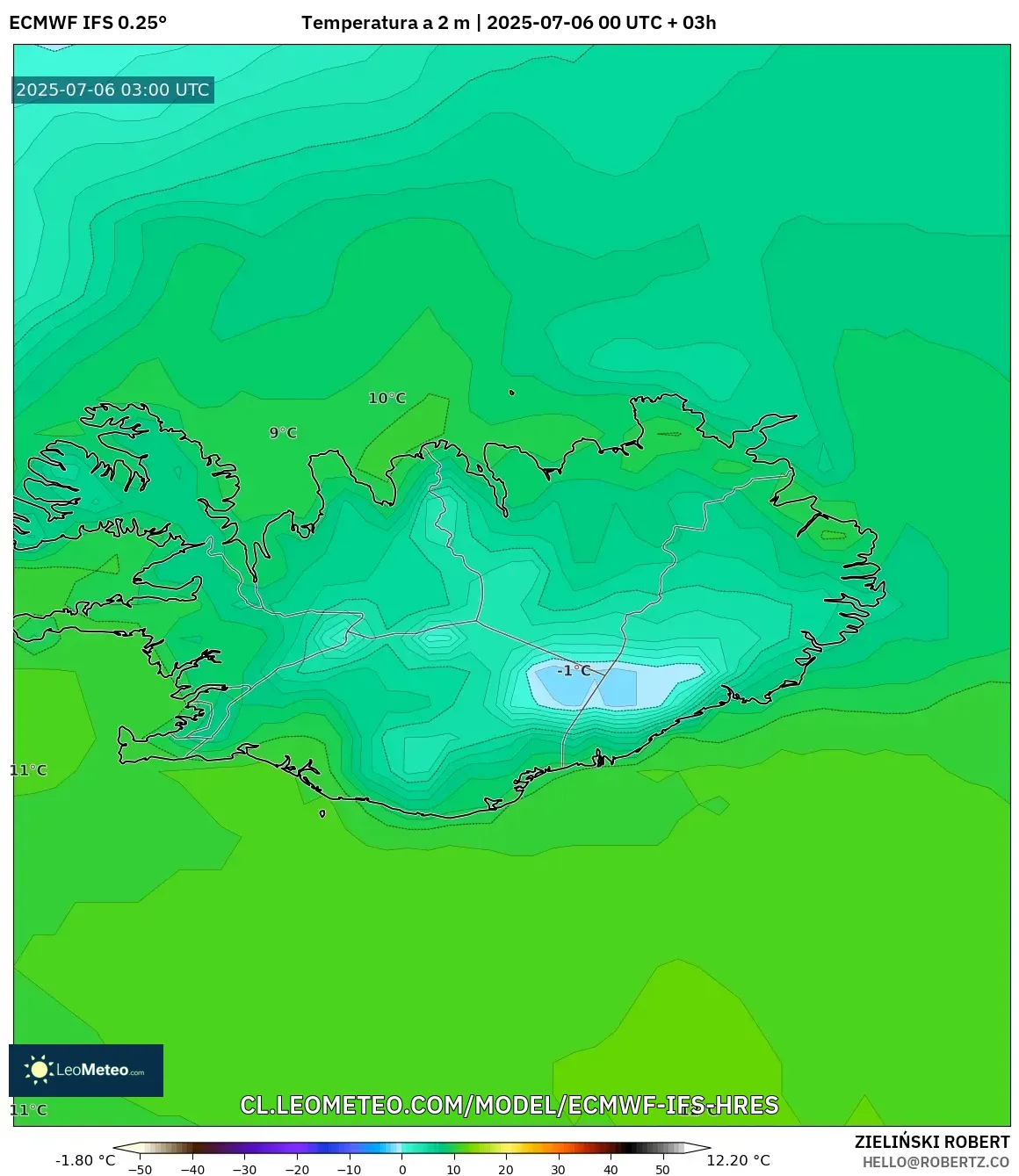 ECMWF IFS 0.25° model - Islandia, Temperatura a 2 m ECMWF IFS 0.25° model - Islandia, Temperatura a 2 m