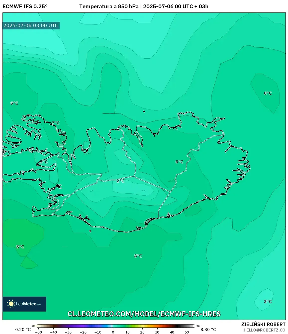 ECMWF IFS 0.25° model - Islandia, Temperatura a 850 hPa ECMWF IFS 0.25° model - Islandia, Temperatura a 850 hPa