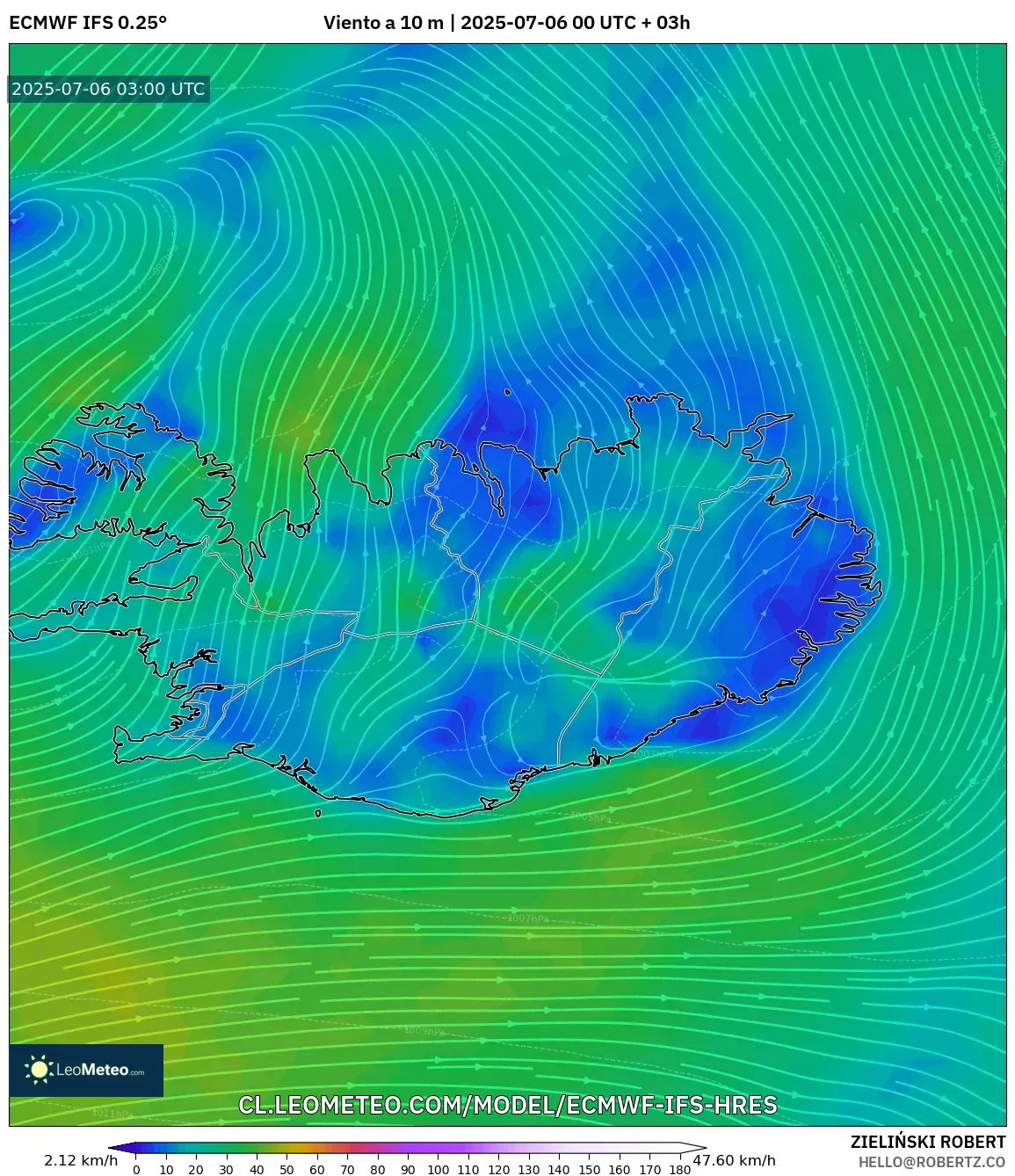 ECMWF IFS 0.25° model - Islandia, Viento a 10 m ECMWF IFS 0.25° model - Islandia, Viento a 10 m