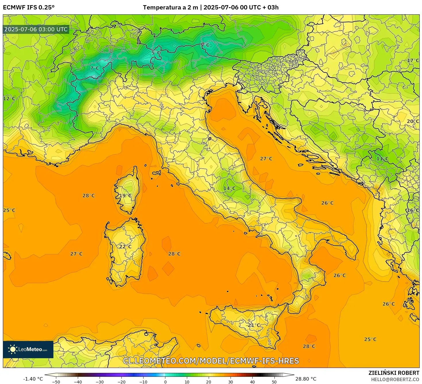 ECMWF IFS 0.25° model - Italia, Temperatura a 2 m ECMWF IFS 0.25° model - Italia, Temperatura a 2 m