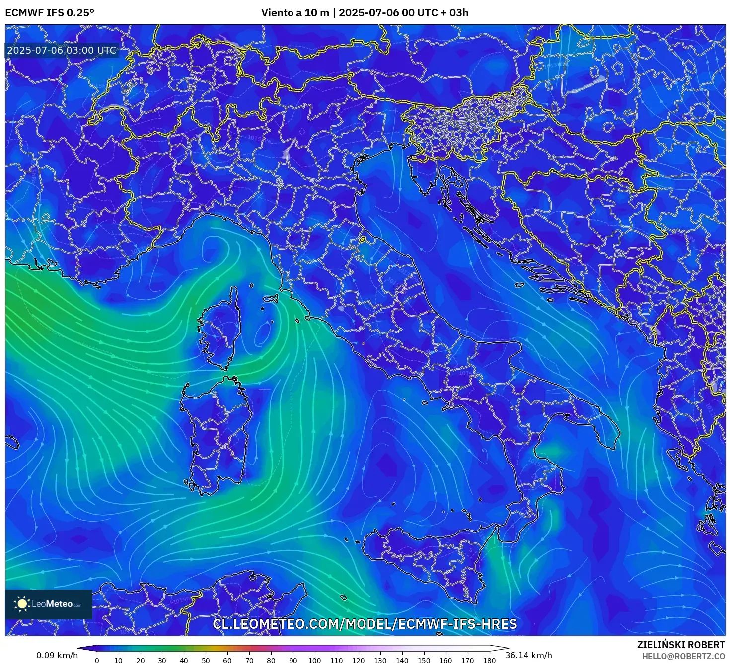 ECMWF IFS 0.25° model - Italia, Viento a 10 m ECMWF IFS 0.25° model - Italia, Viento a 10 m