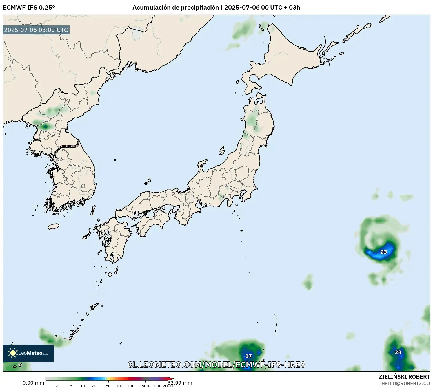 ECMWF IFS 0.25° model - Japón, Acumulación de precipitación ECMWF IFS 0.25° model - Japón, Acumulación de precipitación