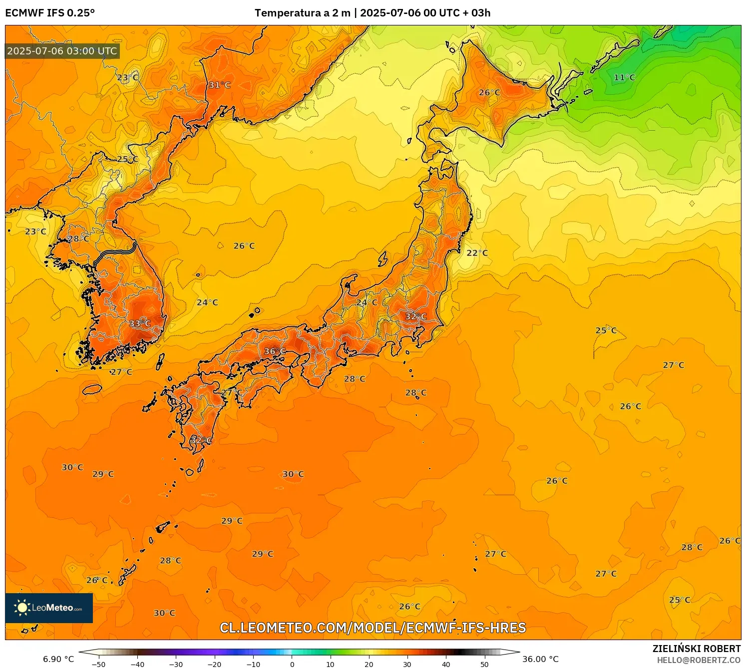 ECMWF IFS 0.25° model - Japón, Temperatura a 2 m ECMWF IFS 0.25° model - Japón, Temperatura a 2 m