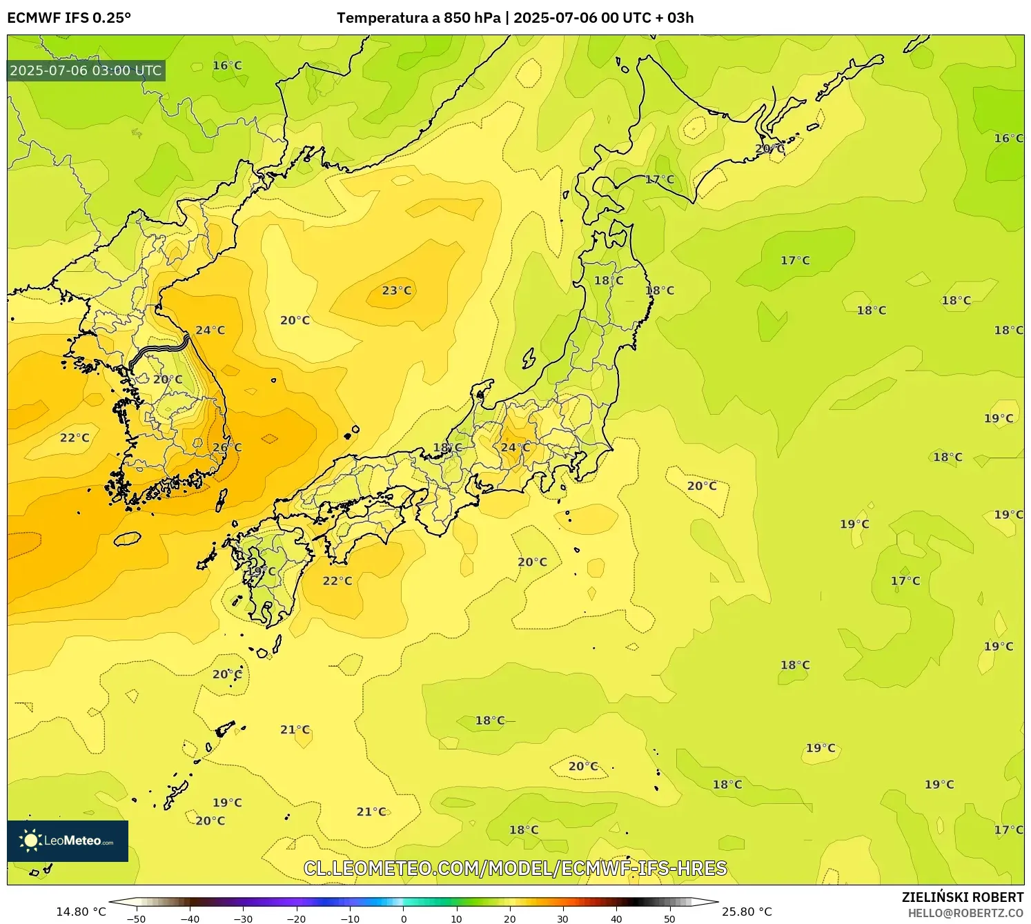 ECMWF IFS 0.25° model - Japón, Temperatura a 850 hPa ECMWF IFS 0.25° model - Japón, Temperatura a 850 hPa