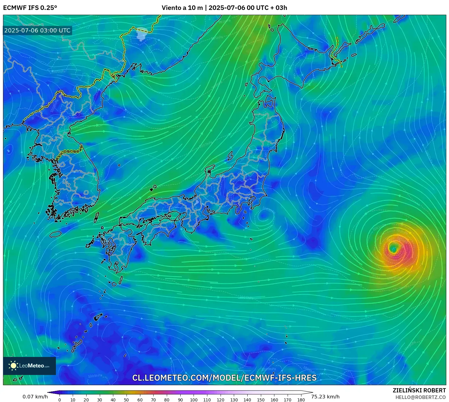 ECMWF IFS 0.25° model - Japón, Viento a 10 m ECMWF IFS 0.25° model - Japón, Viento a 10 m