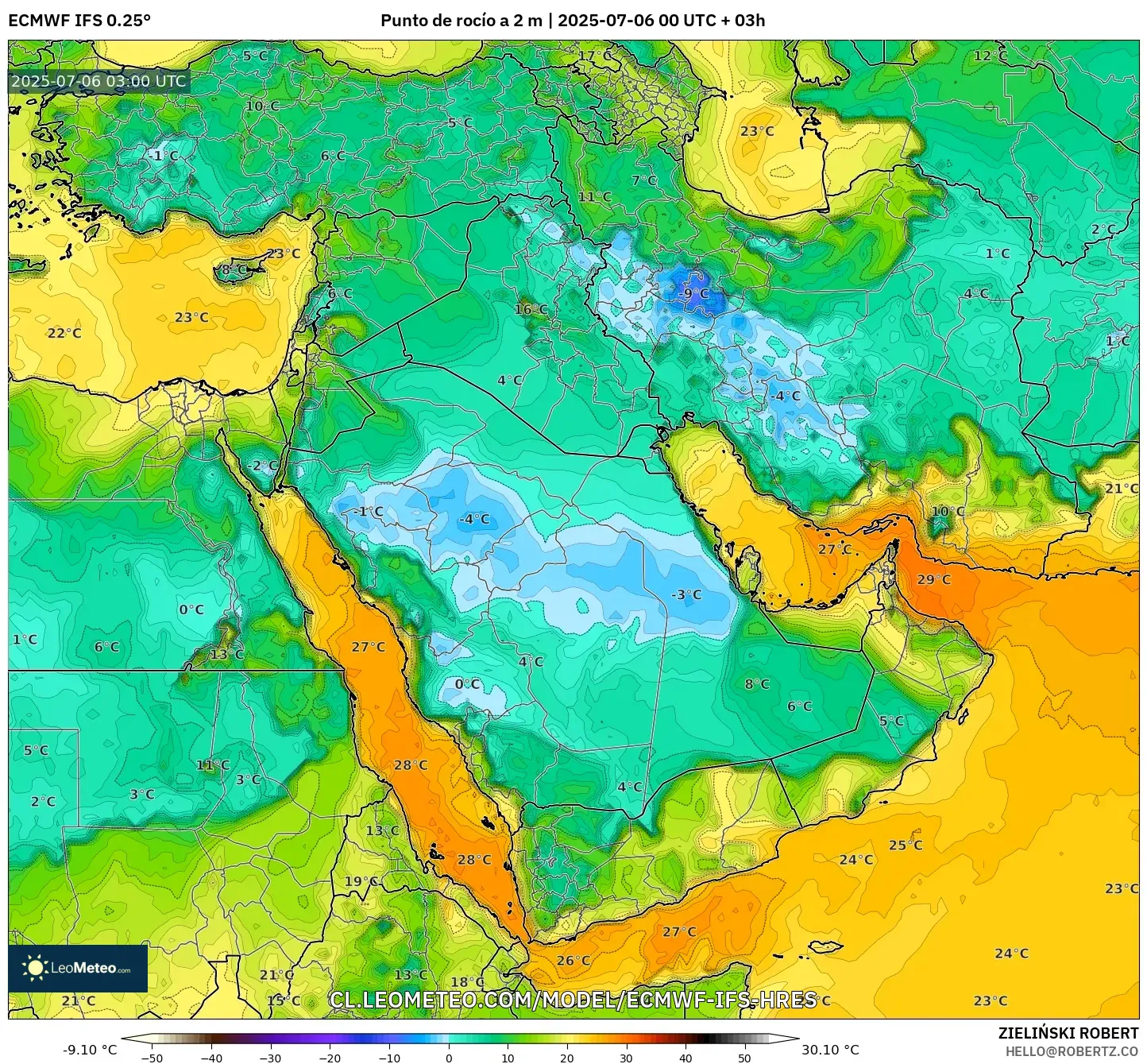 ECMWF IFS 0.25° model - Oriente Medio, Punto de rocío a 2 m ECMWF IFS 0.25° model - Oriente Medio, Punto de rocío a 2 m